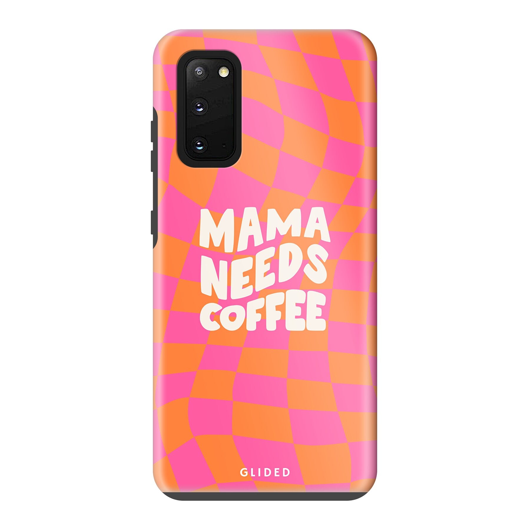 Coffee Mom Handyhülle für Samsung Galaxy S20 mit Schachbrettmuster und dem Spruch 'Mama needs coffee'.