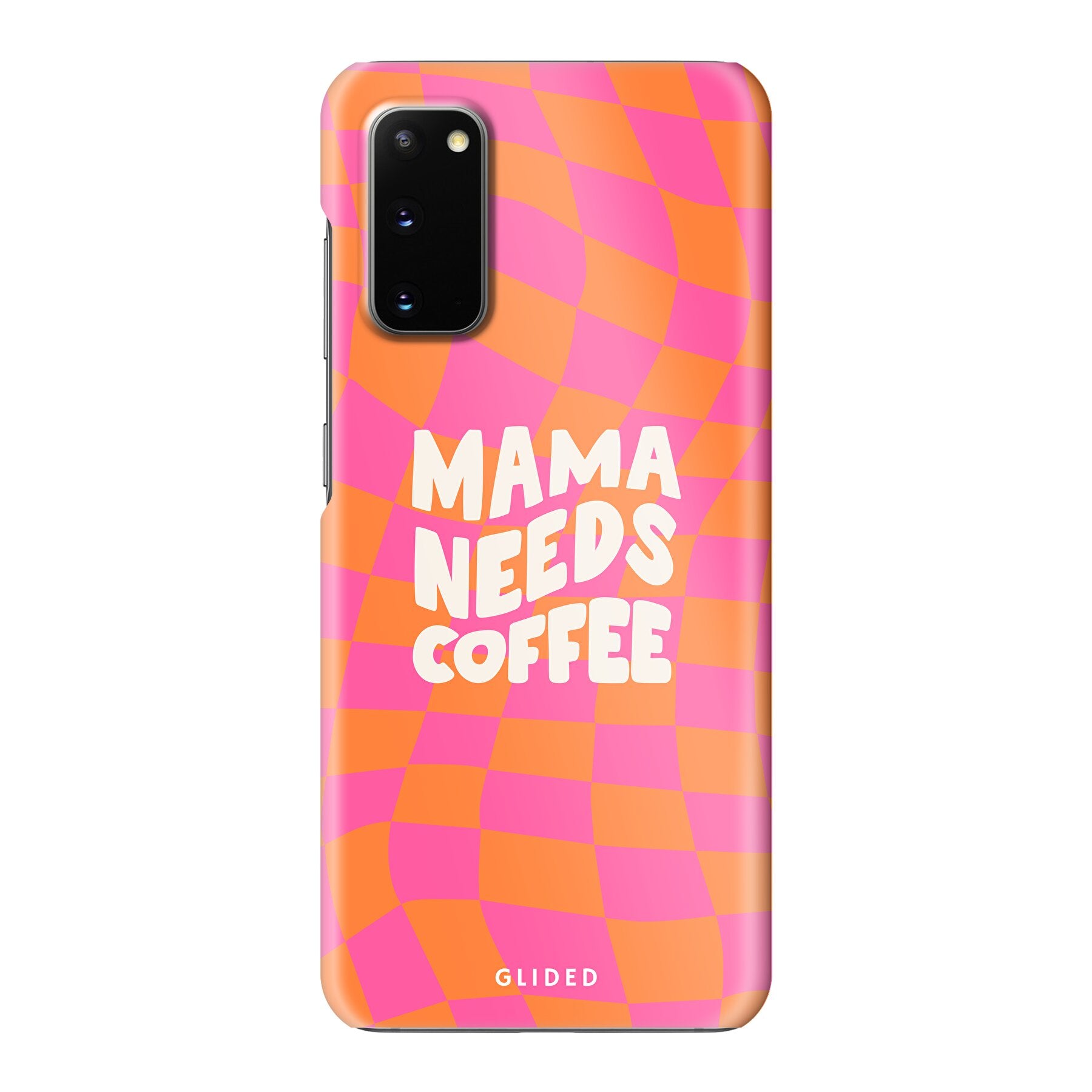 Coffee Mom Handyhülle für Samsung Galaxy S20 mit Schachbrettmuster und dem Spruch 'Mama needs coffee'.