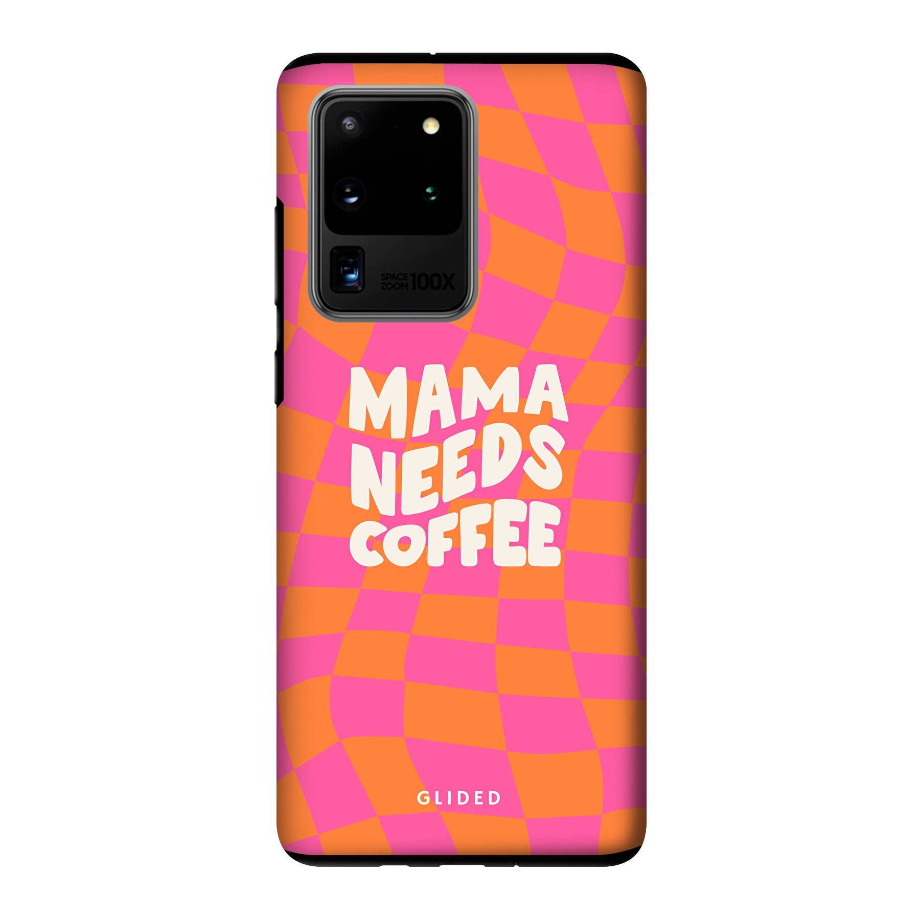 Coffee Mom Hülle für Samsung Galaxy S20 Ultra mit Schachbrettmuster und dem Spruch 'Mama needs coffee'.