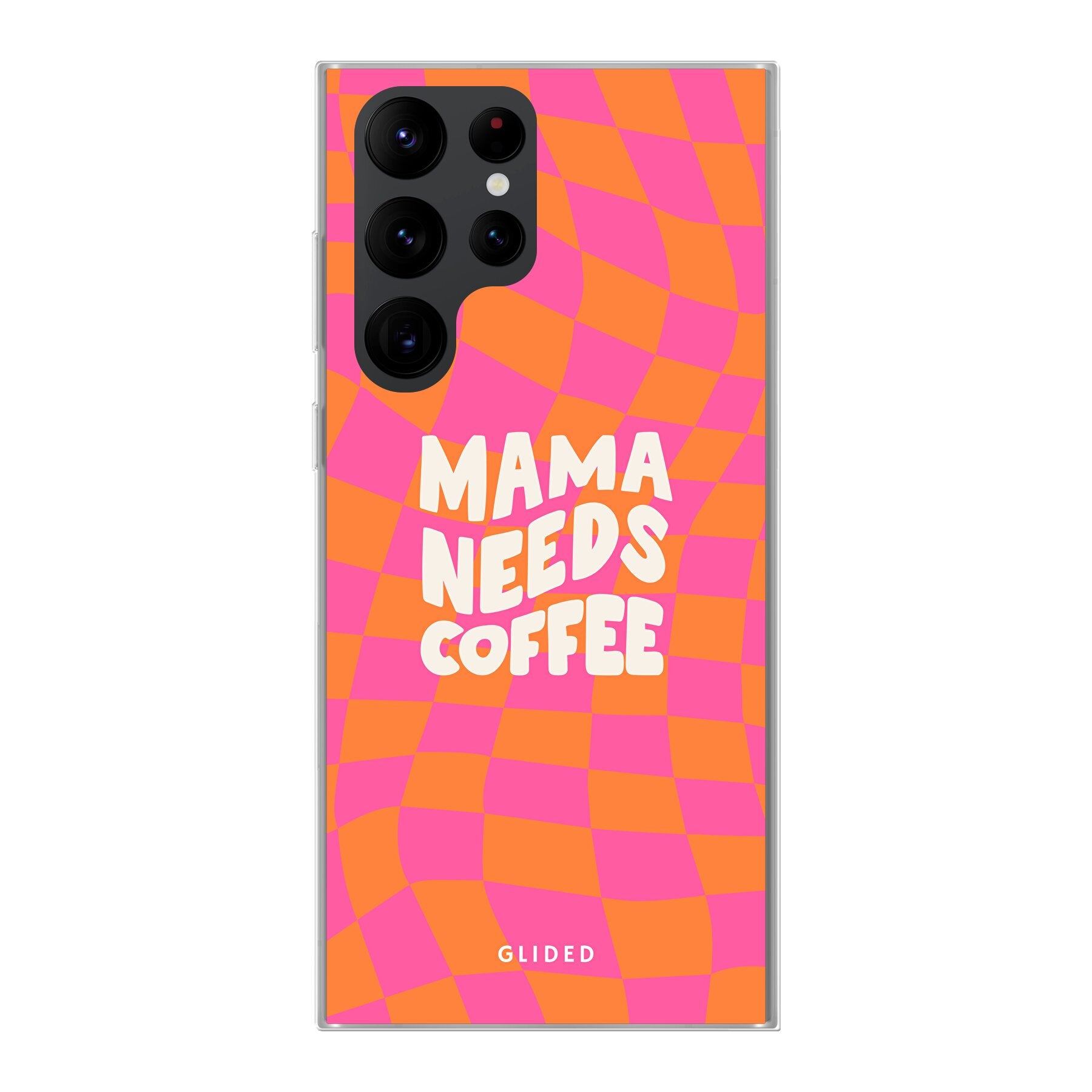 Coffee Mom Hülle für Samsung Galaxy S20 Ultra mit Schachbrettmuster und dem Spruch 'Mama needs coffee'.