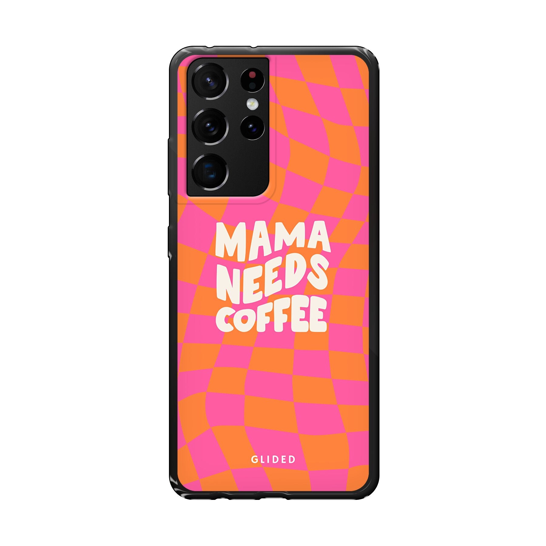 Coffee Mom Samsung Galaxy S21 Ultra 5G Hülle mit Schachbrettmuster und dem Spruch 'Mama needs coffee', idealer Schutz für dein Smartphone.