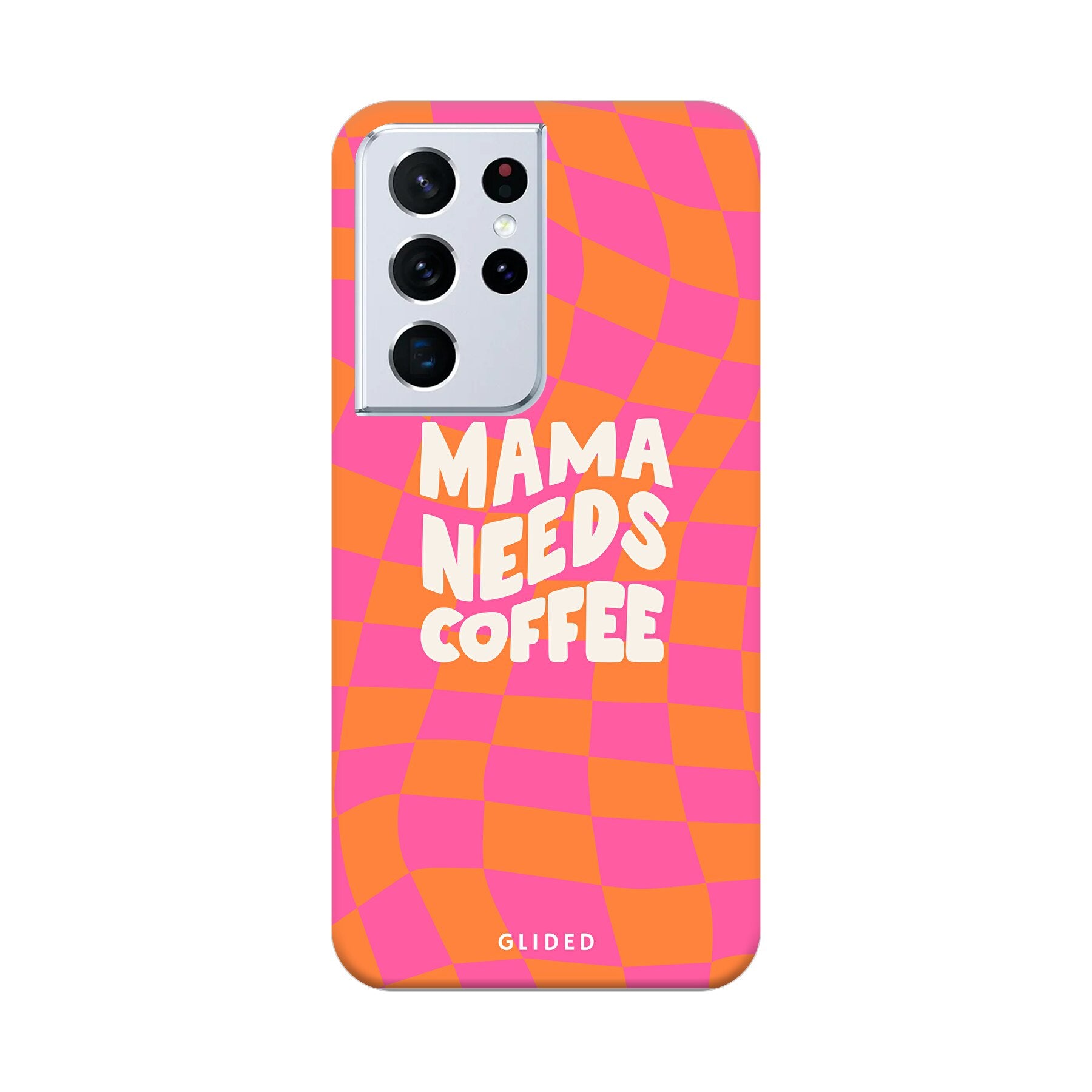 Coffee Mom Samsung Galaxy S21 Ultra 5G Hülle mit Schachbrettmuster und dem Spruch 'Mama needs coffee', idealer Schutz für dein Smartphone.