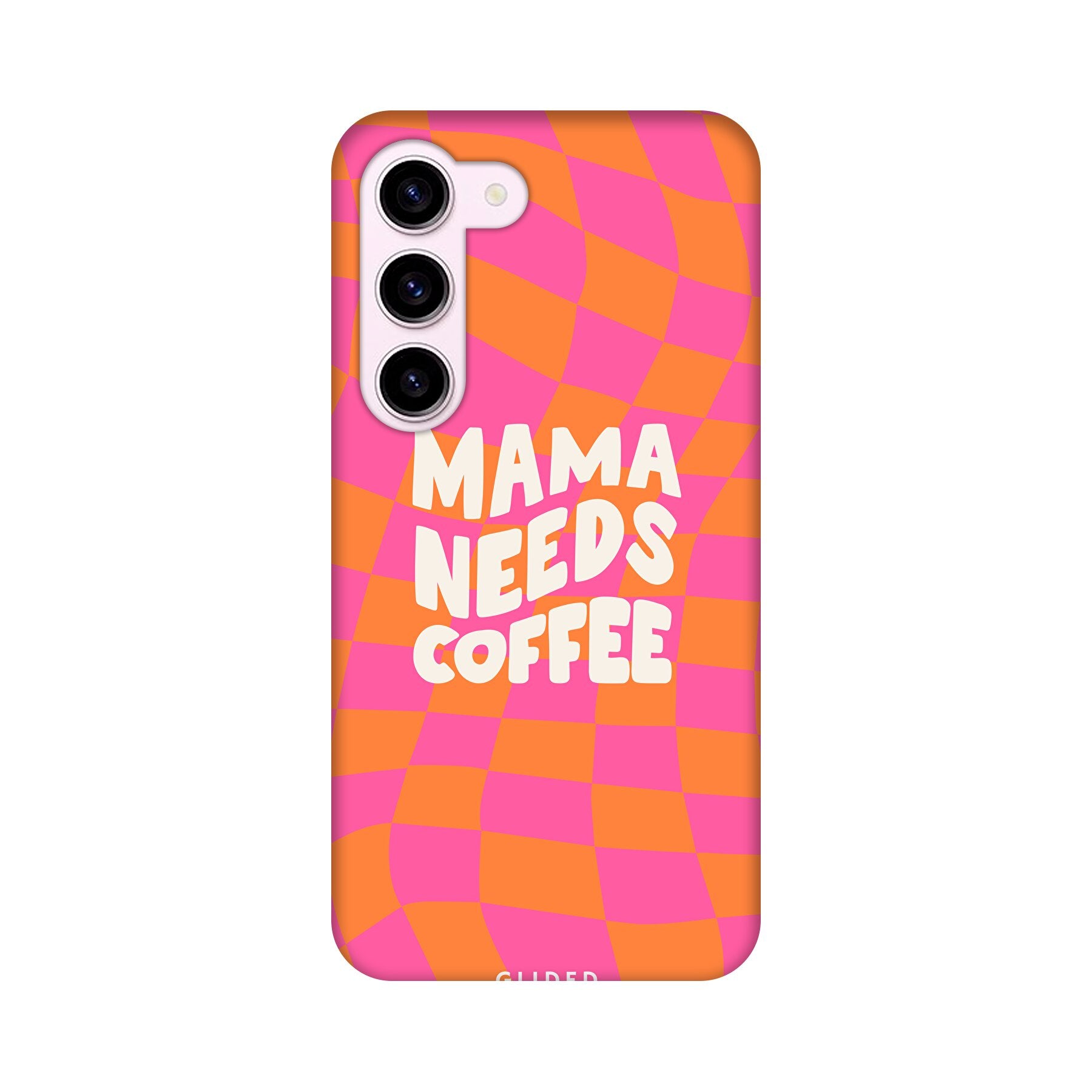 Coffee Mom Samsung Galaxy S23 Hülle mit Schachbrettmuster und dem Spruch 'Mama needs coffee', stilvoll und schützend.