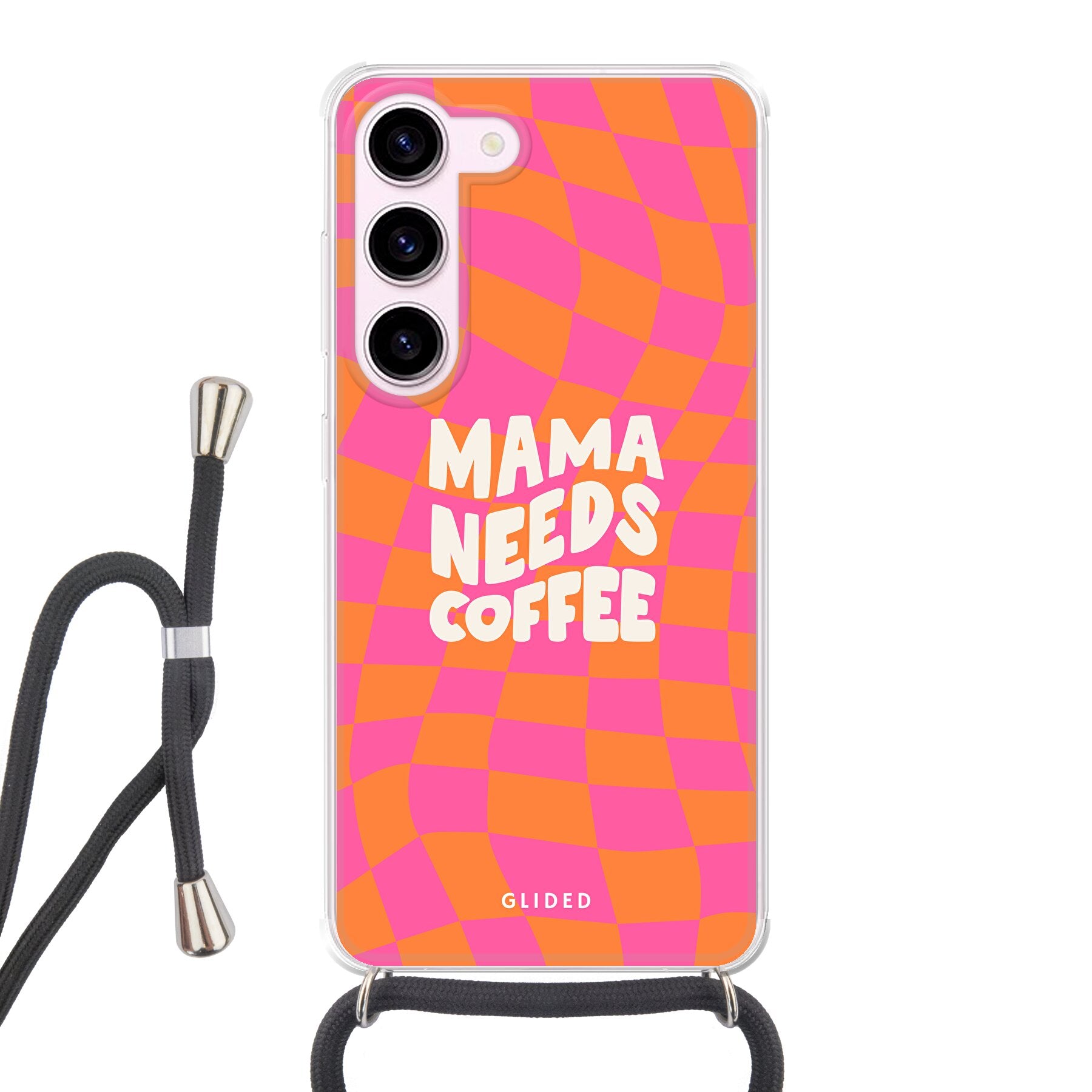 Coffee Mom Samsung Galaxy S23 Hülle mit Schachbrettmuster und dem Spruch 'Mama needs coffee', stilvoll und schützend.