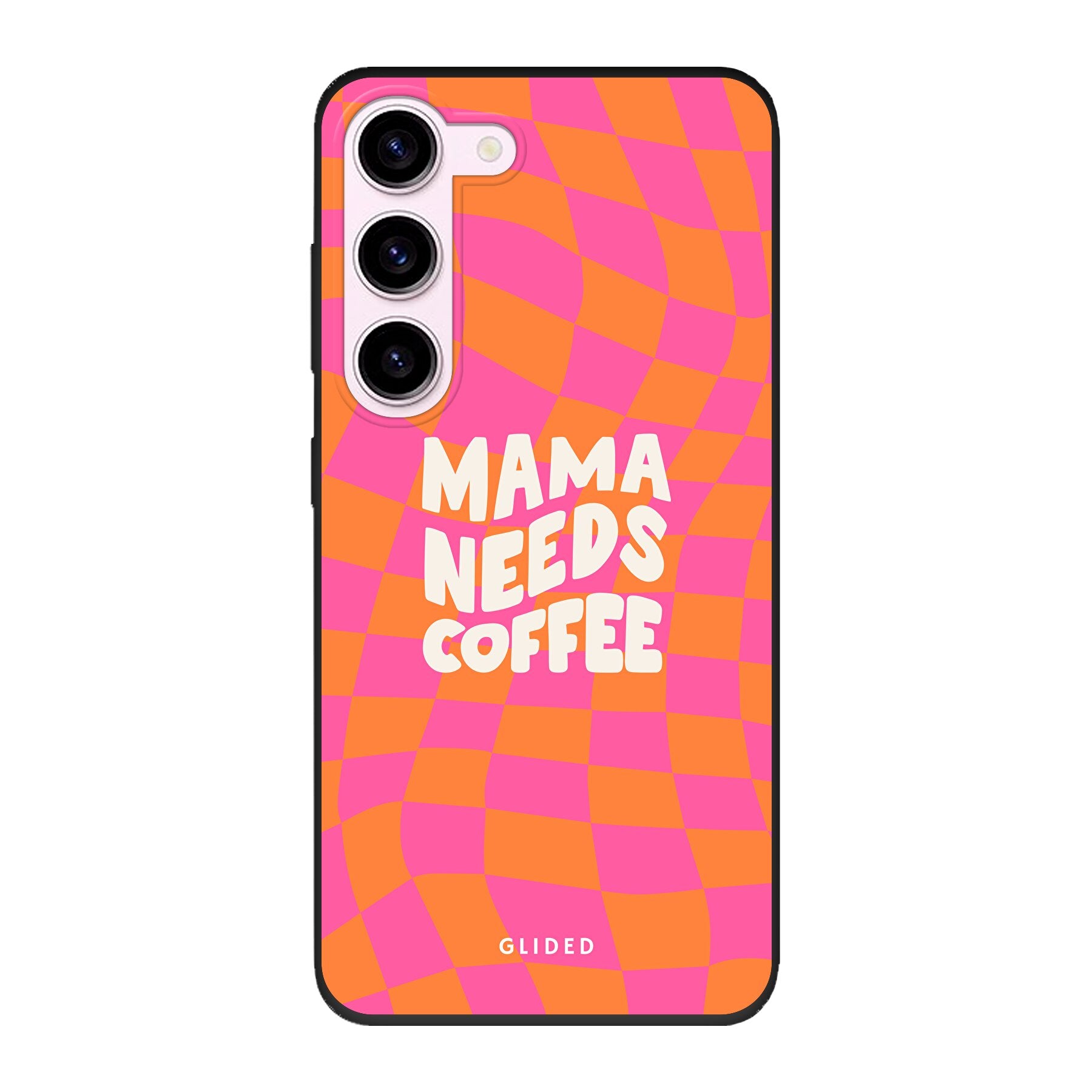 Coffee Mom Samsung Galaxy S23 Hülle mit Schachbrettmuster und dem Spruch 'Mama needs coffee', stilvoll und schützend.