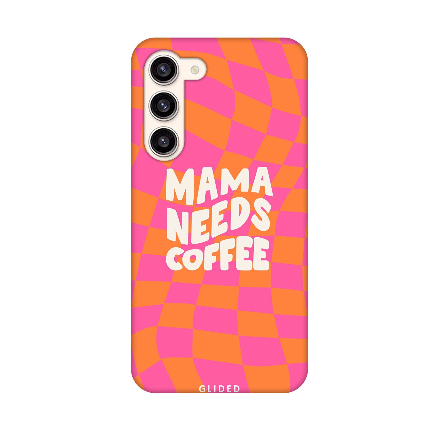 Coffee Mom Samsung Galaxy S23 Plus Hülle mit Schachbrettmuster und dem Spruch 'Mama needs coffee', idealer Schutz für dein Smartphone.