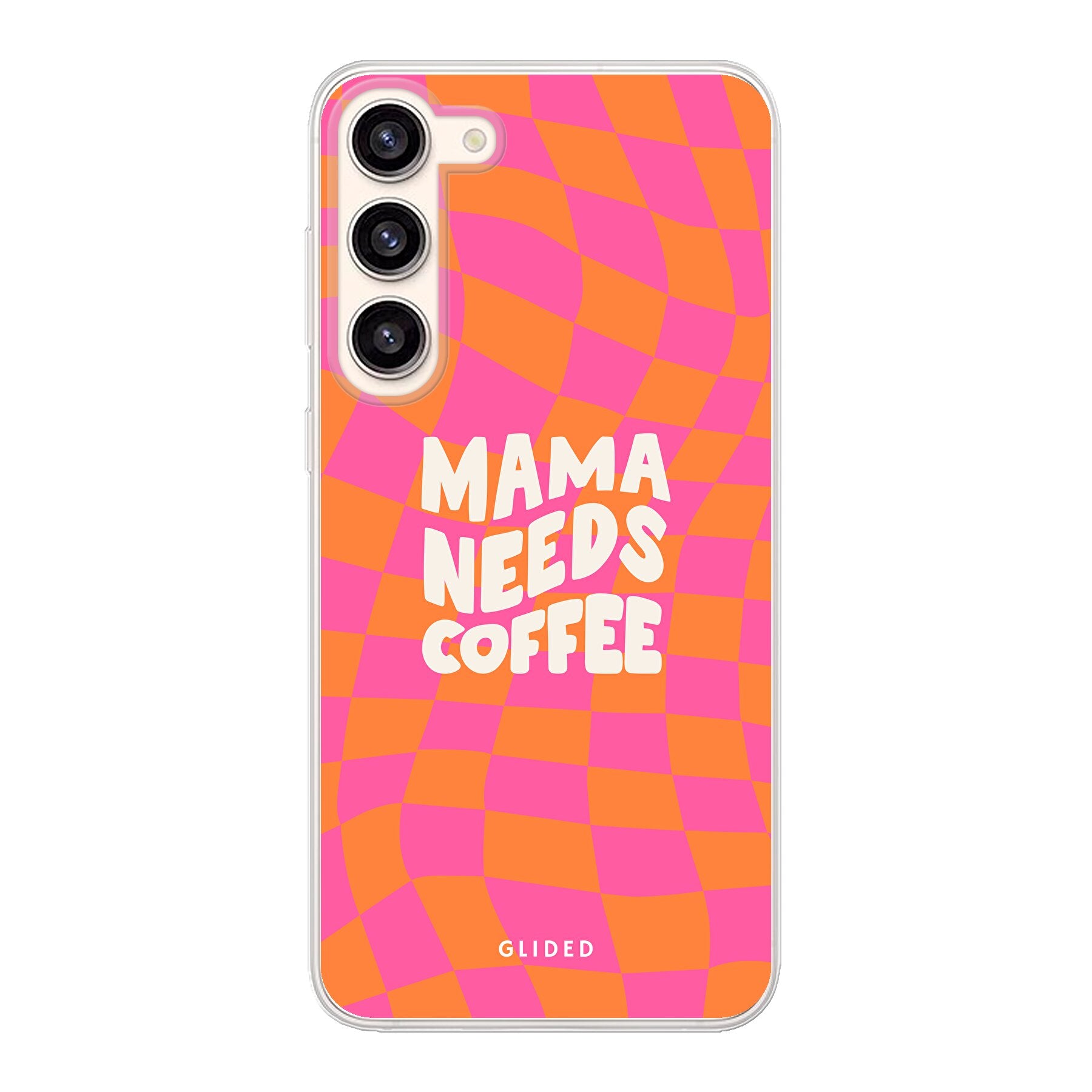 Coffee Mom Samsung Galaxy S23 Plus Hülle mit Schachbrettmuster und dem Spruch 'Mama needs coffee', idealer Schutz für dein Smartphone.