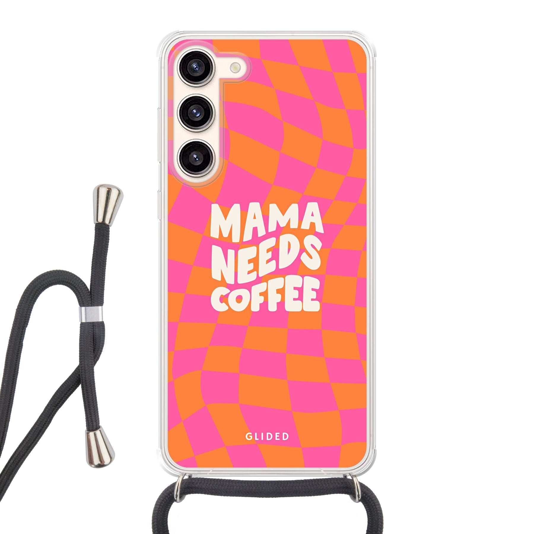 Coffee Mom Samsung Galaxy S23 Plus Hülle mit Schachbrettmuster und dem Spruch 'Mama needs coffee', idealer Schutz für dein Smartphone.