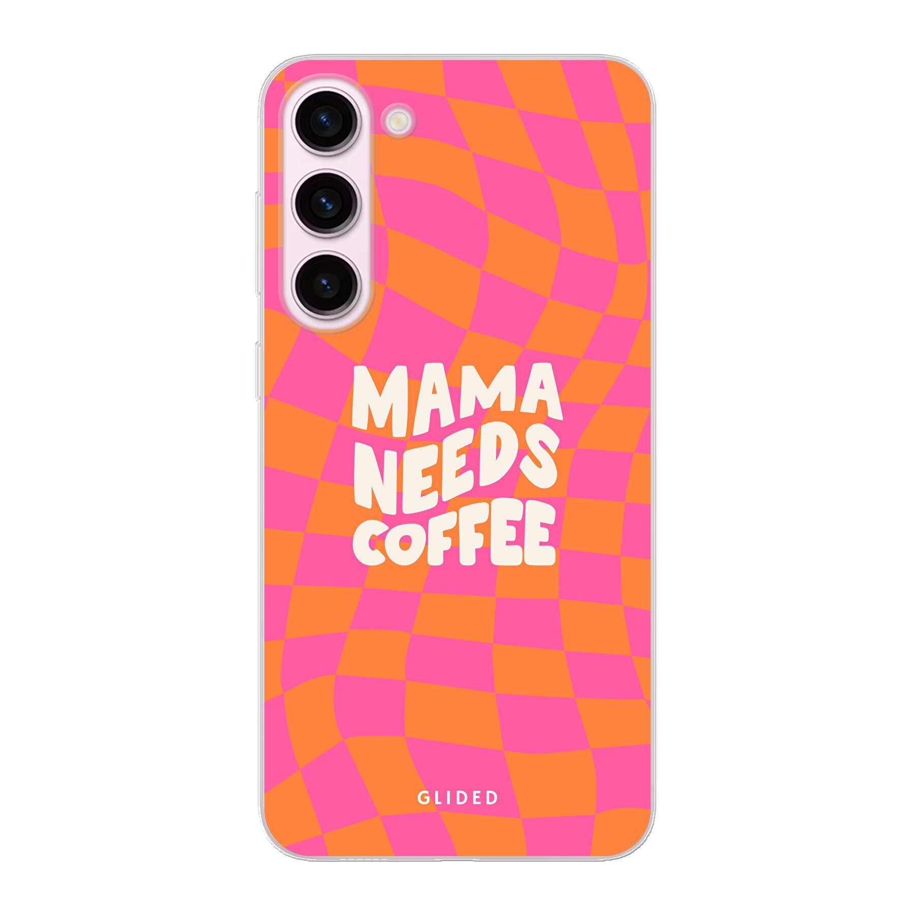 Coffee Mom Samsung Galaxy S23 Plus Hülle mit Schachbrettmuster und dem Spruch 'Mama needs coffee', idealer Schutz für dein Smartphone.