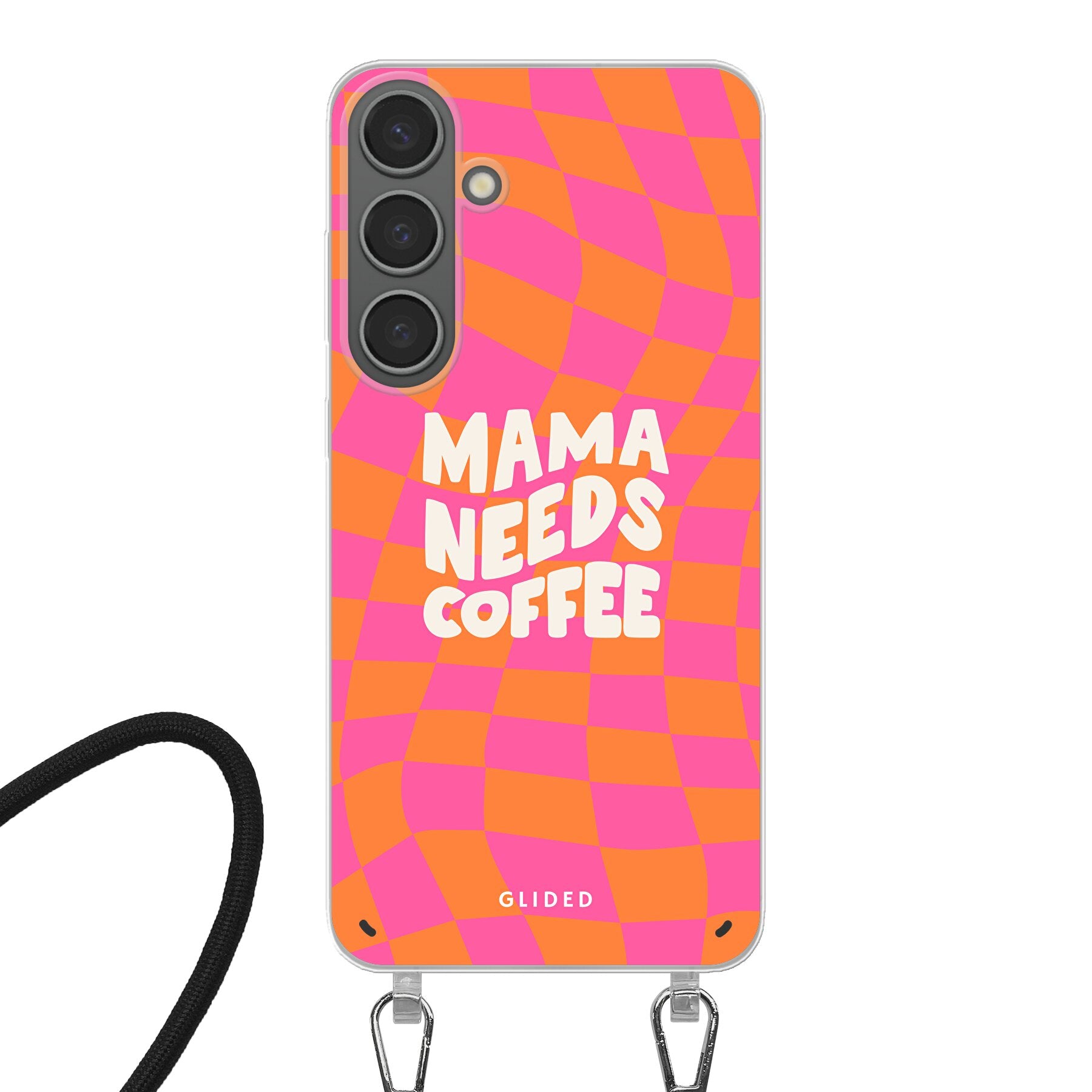 Coffee Mom Samsung Galaxy S24 Plus Hülle mit Schachbrettmuster und dem Spruch 'Mama needs coffee', idealer Schutz für dein Smartphone.