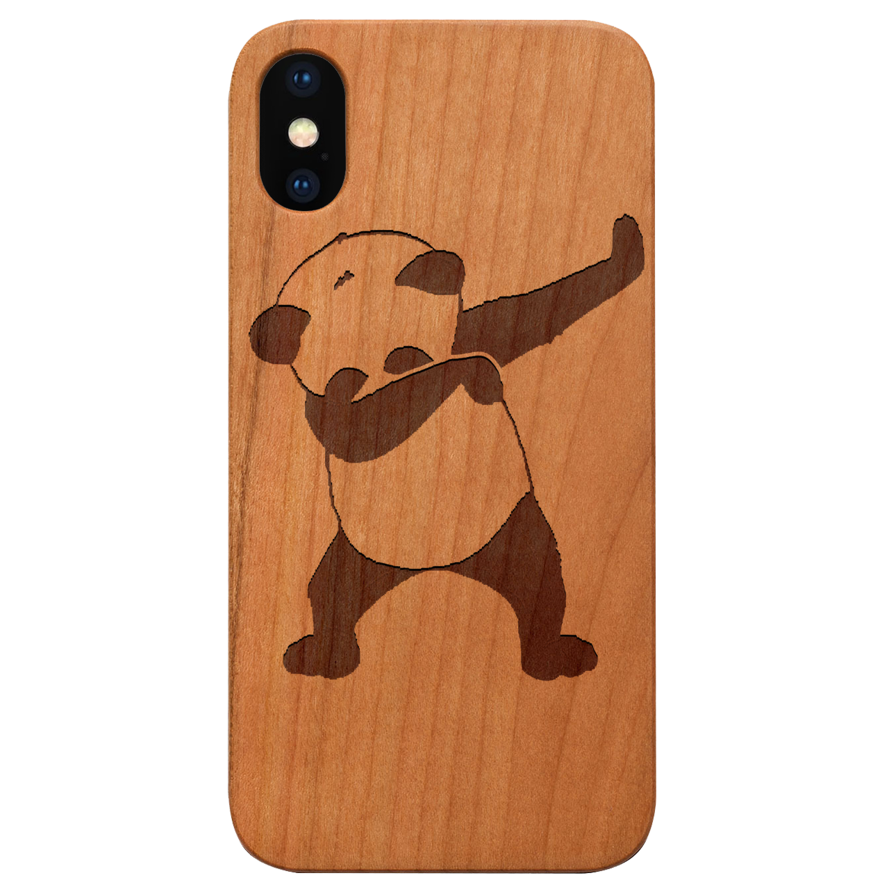 Cool Panda Engraved wooden phone case showcasing unique laser-engraved design and natural wood finish.