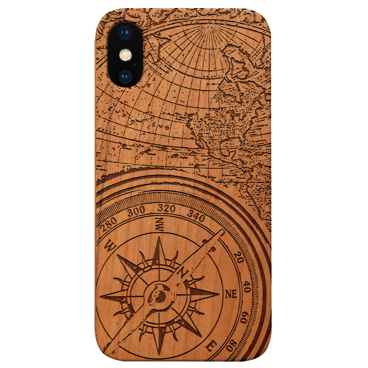 Compass - Engraved wooden phone case featuring intricate laser-engraved designs and a natural wood finish, designed for iPhone and Samsung models.