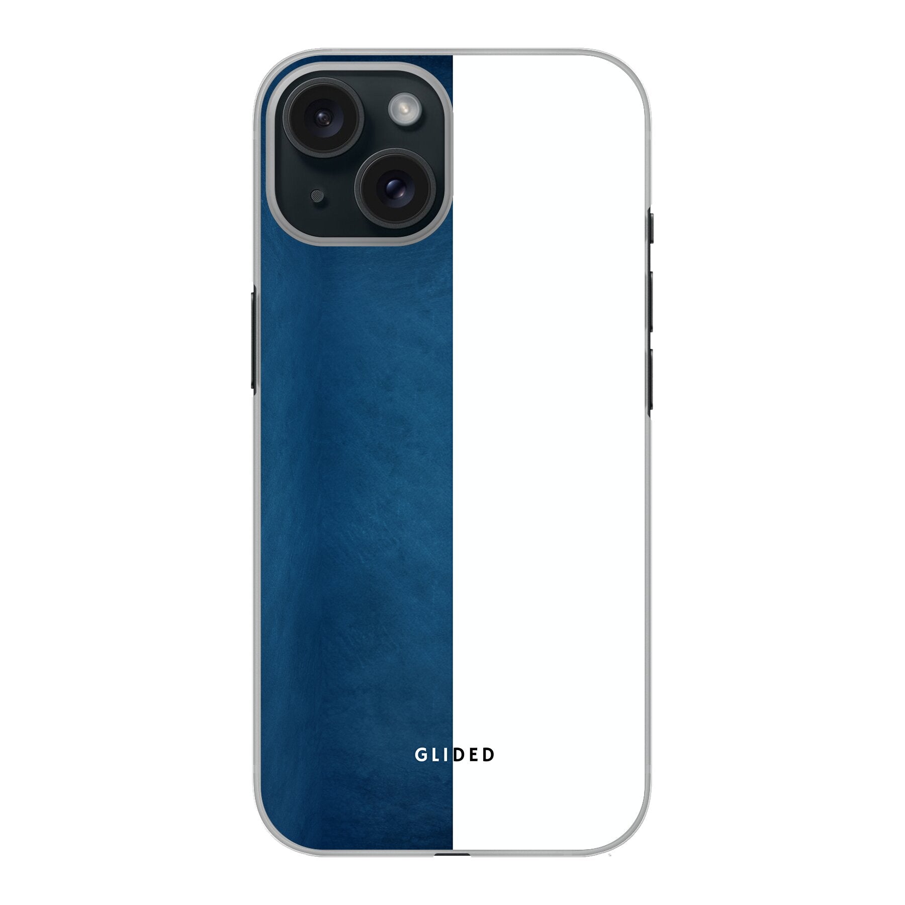 iPhone 15 Handyhülle 'Contrast' in Blau und Weiß, stilvoll und schützend.