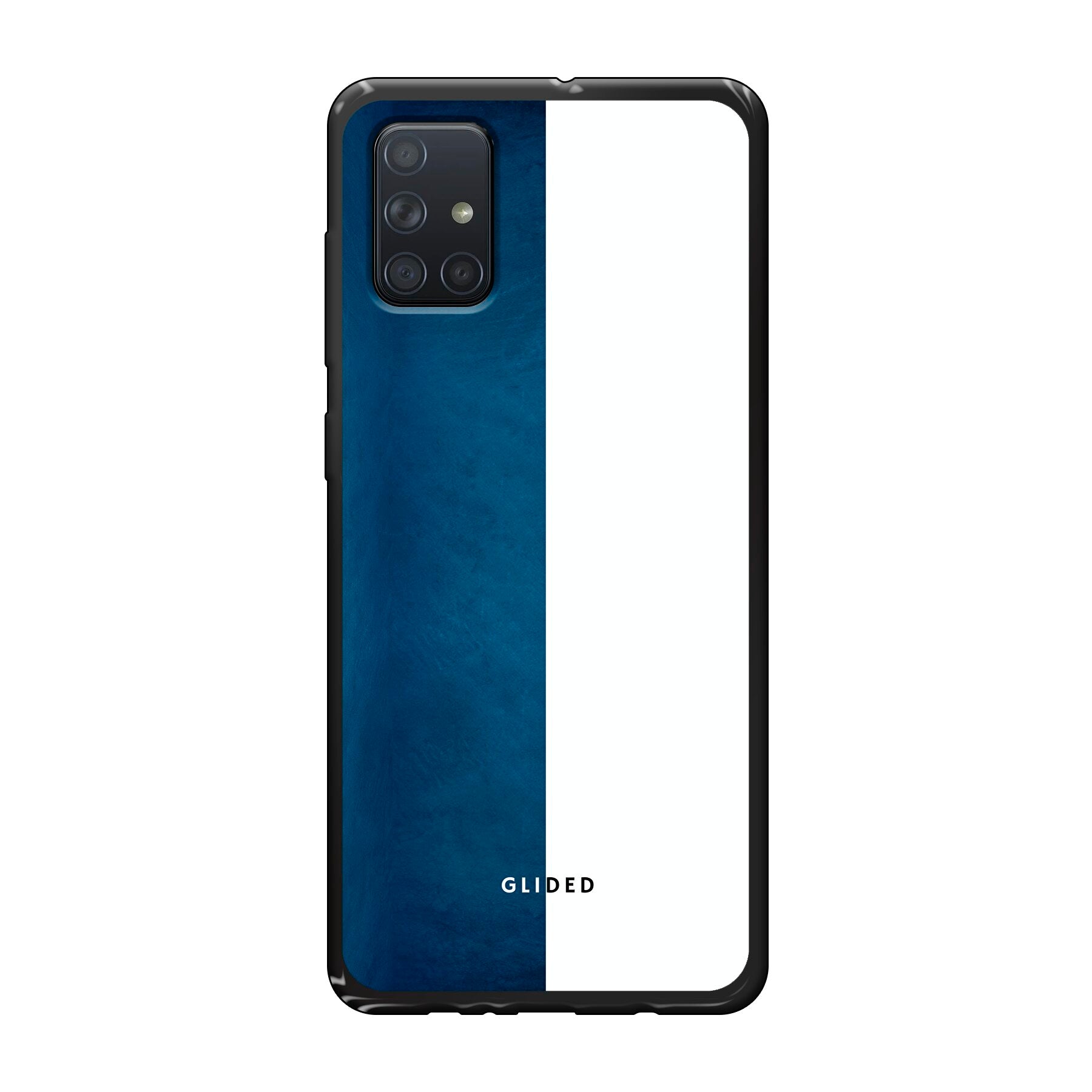 Samsung Galaxy A71 Handyhülle in Blau und Weiß mit kontrastierendem Design, bietet stilvollen Schutz und präzise Aussparungen.