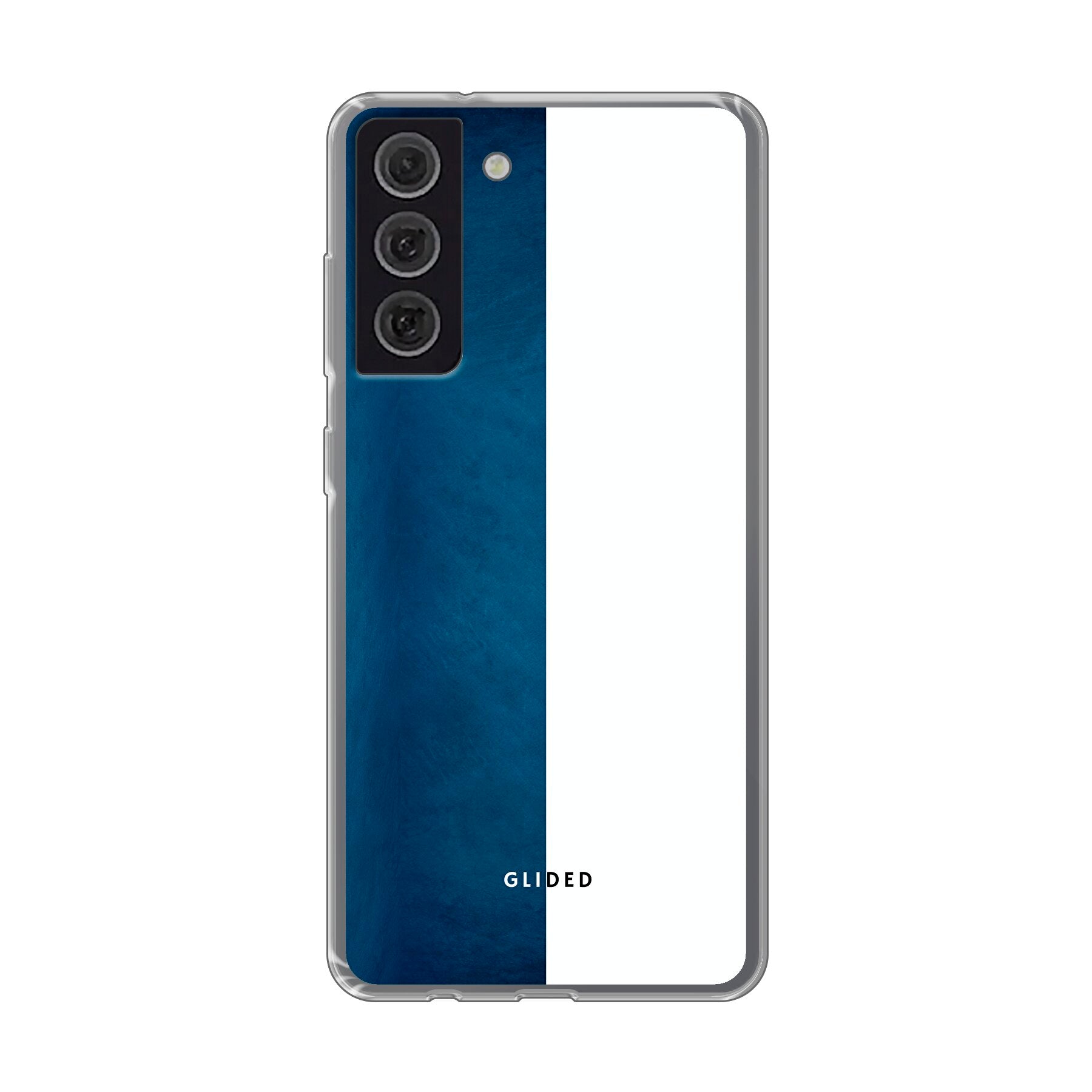 Samsung Galaxy S21 FE Handyhülle in Blau und Weiß mit kontrastierendem Design, bietet stilvollen Schutz und präzise Aussparungen.