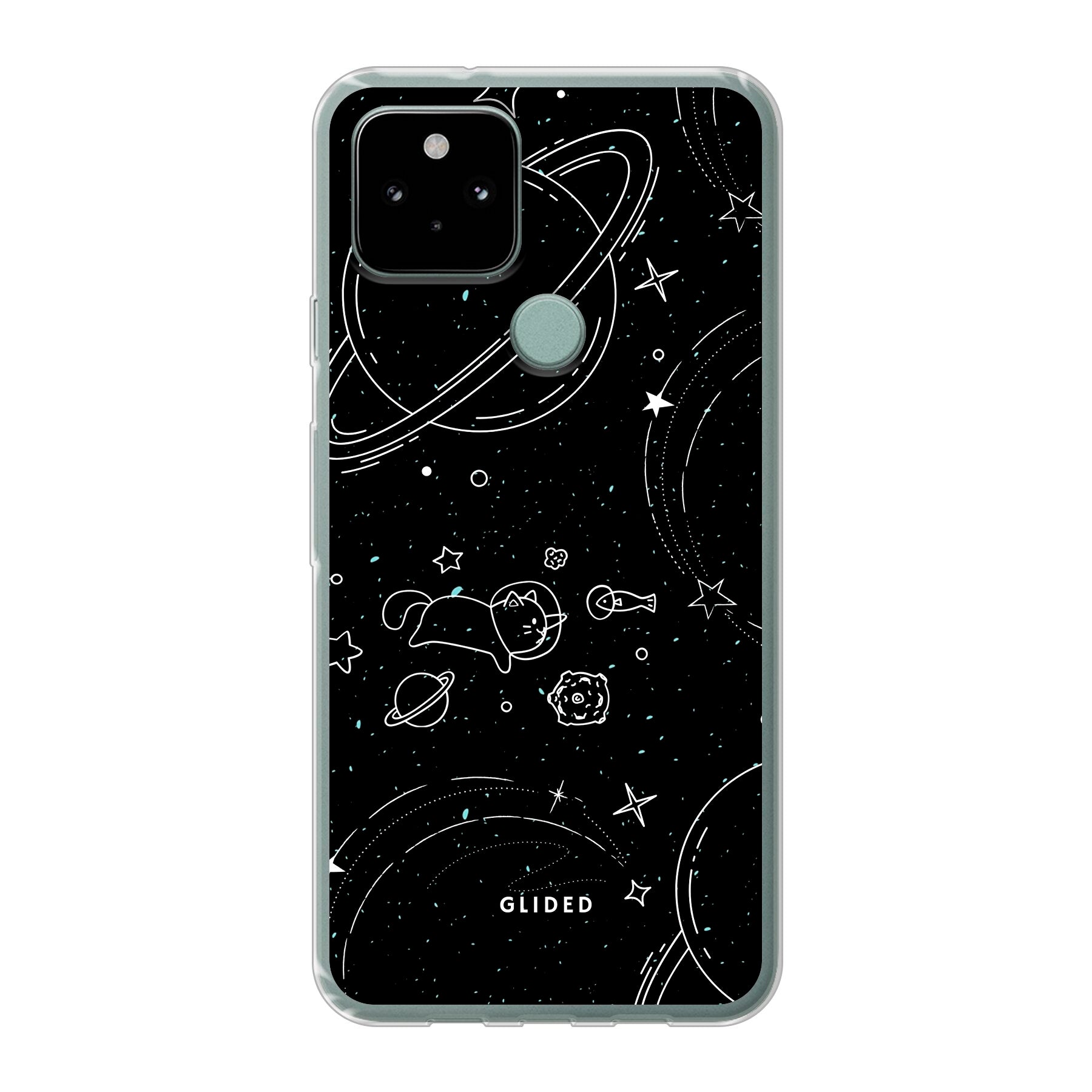 Cosmic Cat Google Pixel 5 Handyhülle mit funkelnden Sternen und majestätischer Katze auf dunklem Hintergrund.