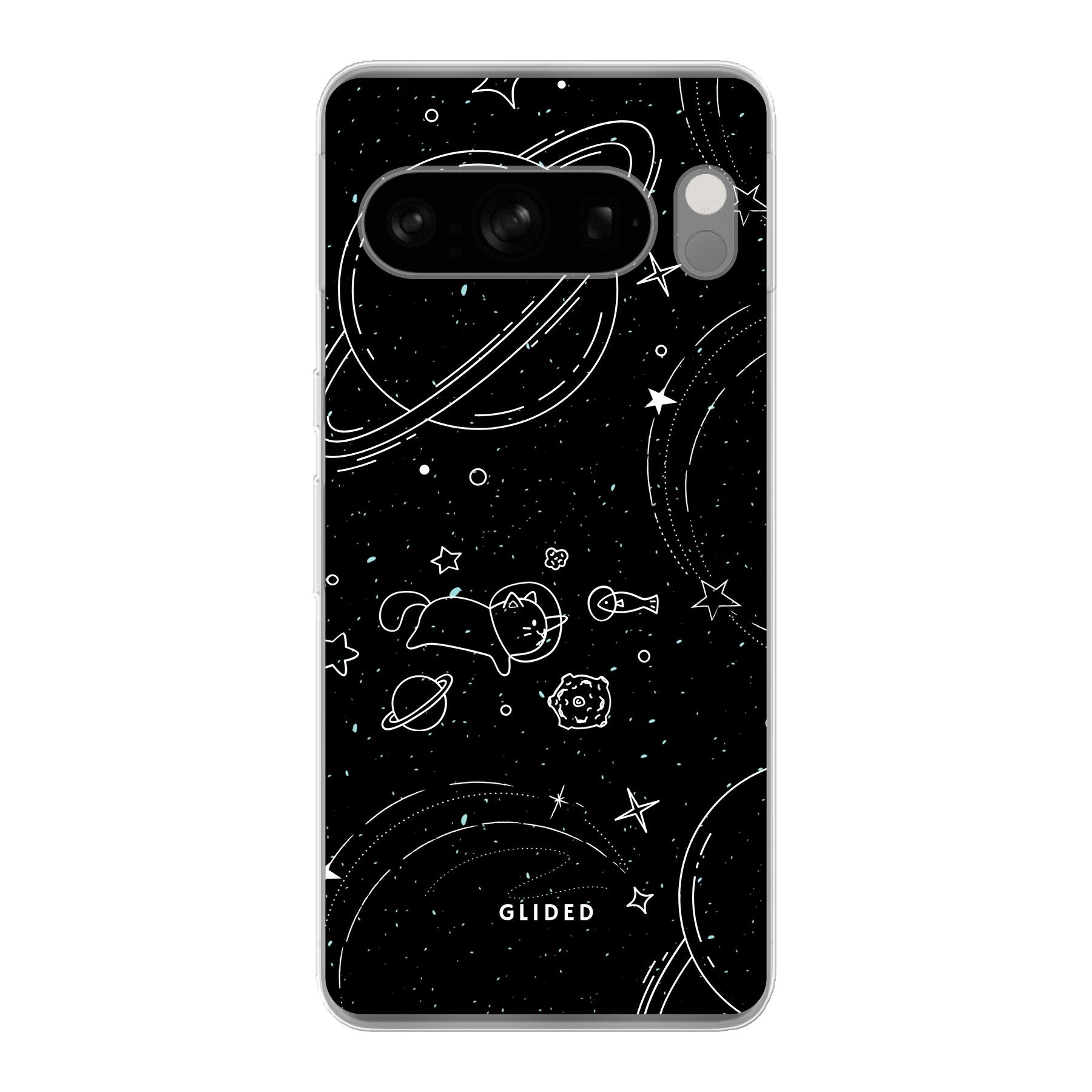 Cosmic Cat Google Pixel 8 Pro Handyhülle mit funkelnden Sternen und majestätischer Katze auf dunklem Hintergrund.