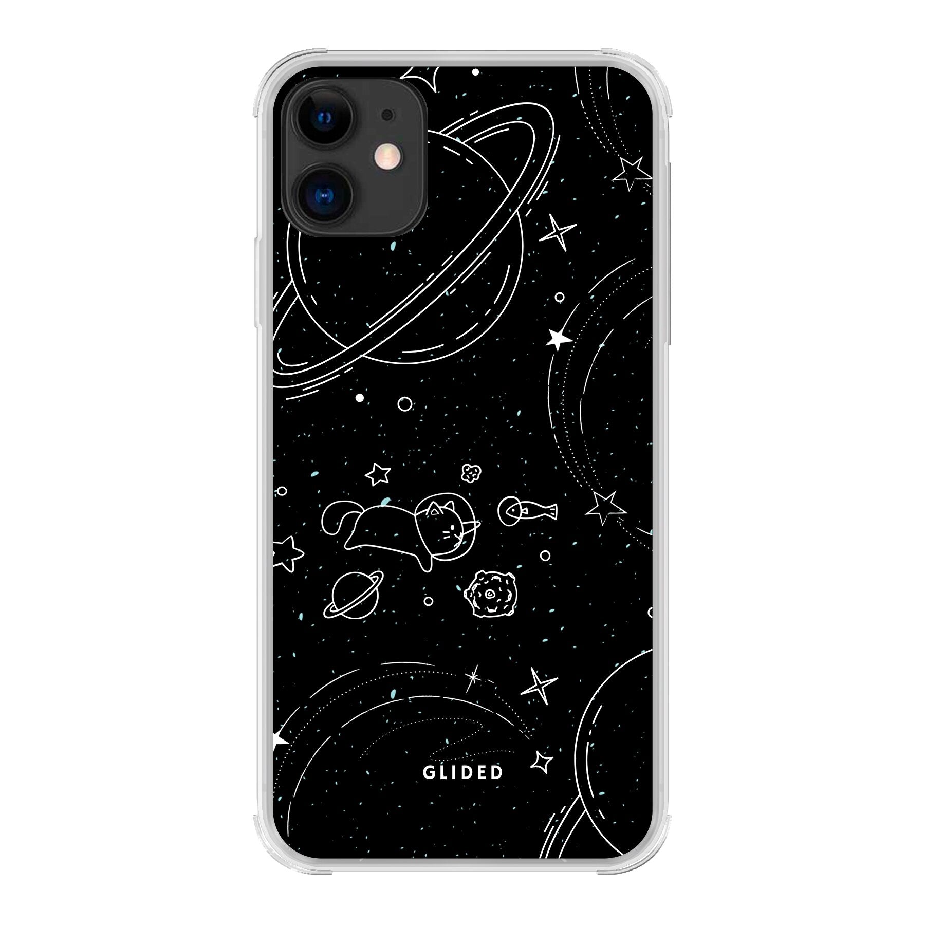 Cosmic Cat iPhone 11 Hülle mit funkelnden Sternen und majestätischer Katze auf dunklem Hintergrund.