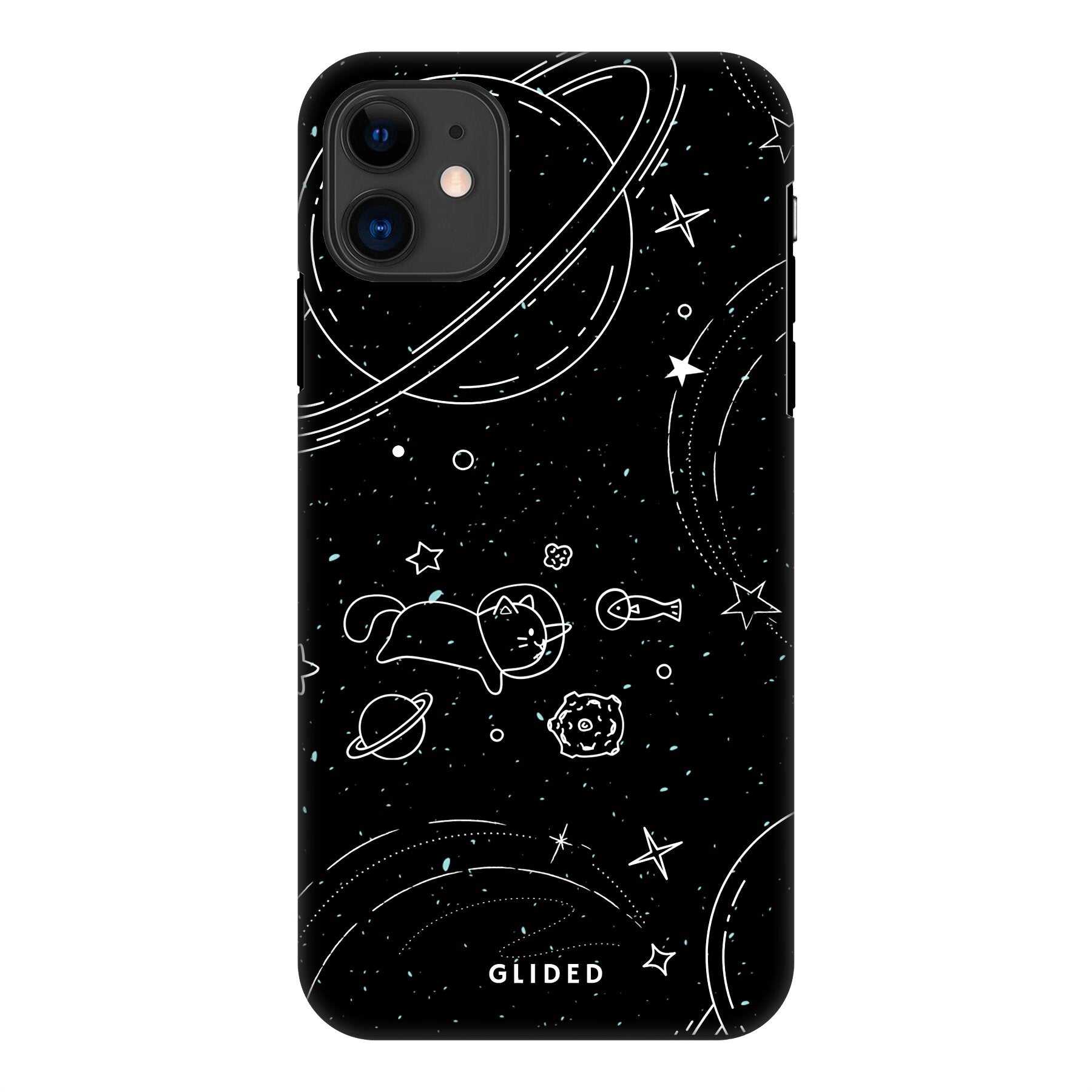 Cosmic Cat iPhone 11 Hülle mit funkelnden Sternen und majestätischer Katze auf dunklem Hintergrund.