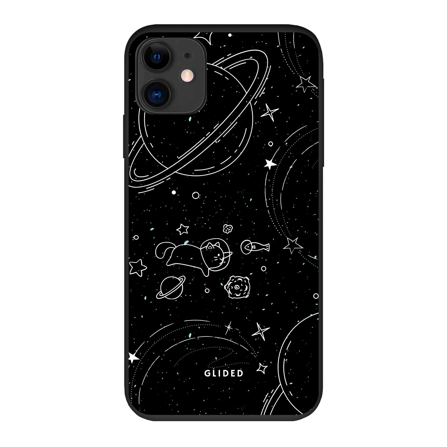 Cosmic Cat iPhone 11 Hülle mit funkelnden Sternen und majestätischer Katze auf dunklem Hintergrund.