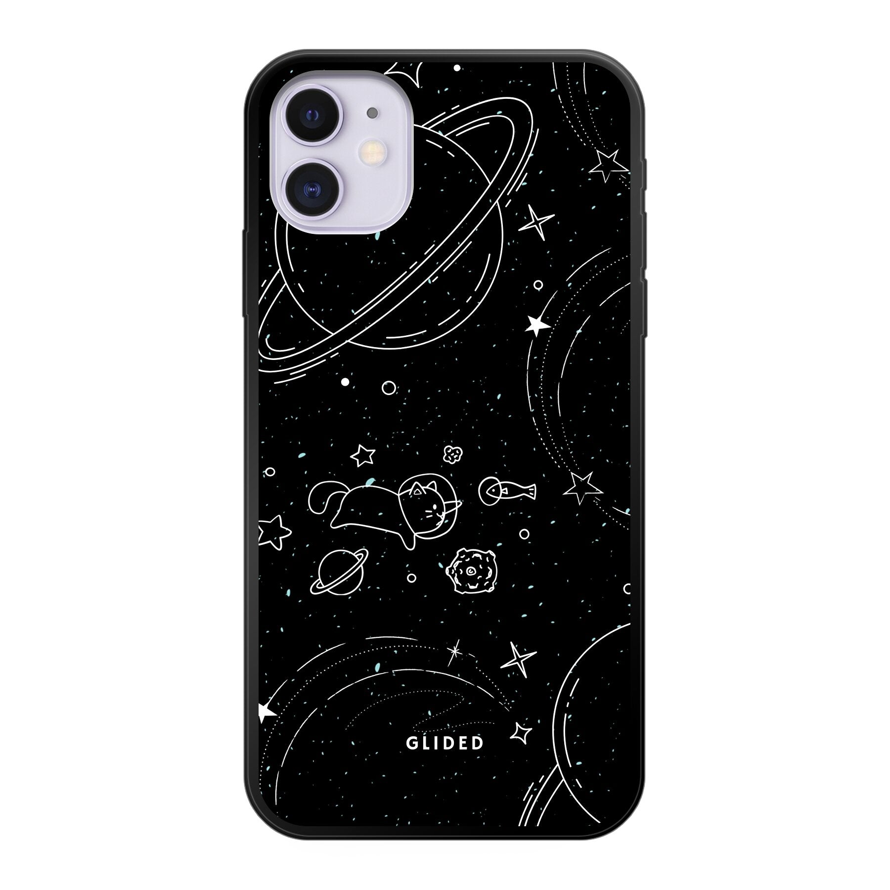 Cosmic Cat iPhone 11 Hülle mit funkelnden Sternen und majestätischer Katze auf dunklem Hintergrund.