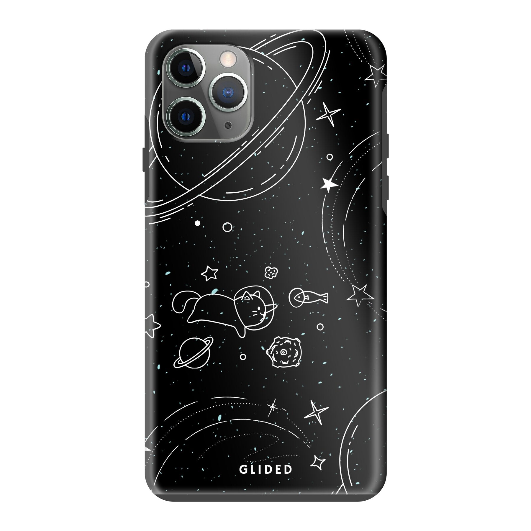 Cosmic Cat iPhone 11 Pro Max Hülle mit funkelnden Sternen und majestätischer Katze auf dunklem Hintergrund.