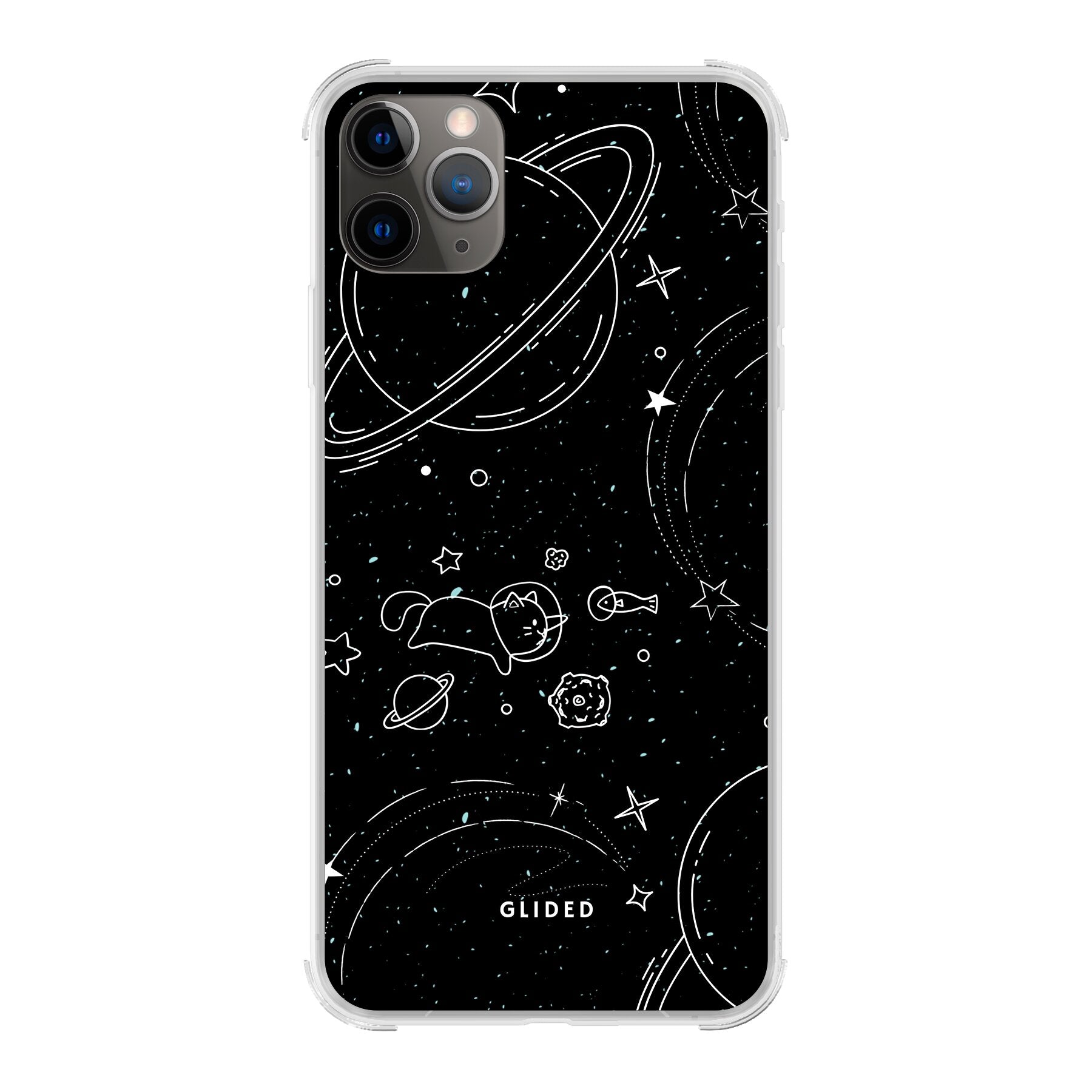 Cosmic Cat iPhone 11 Pro Max Hülle mit funkelnden Sternen und majestätischer Katze auf dunklem Hintergrund.