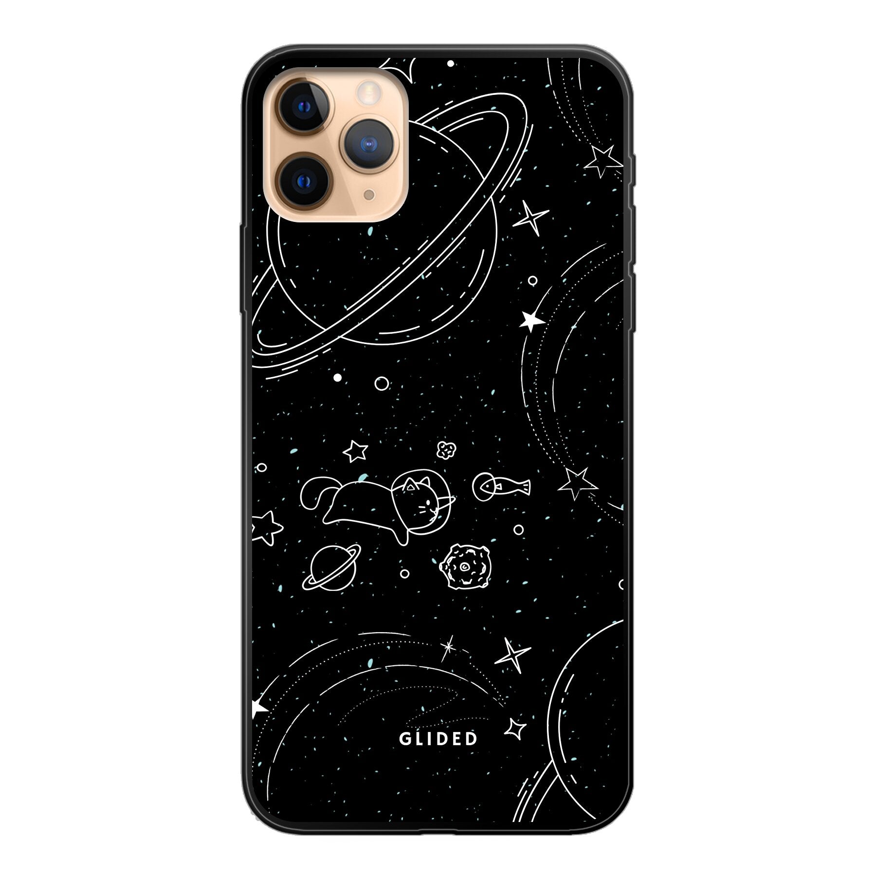 Cosmic Cat iPhone 11 Pro Max Hülle mit funkelnden Sternen und majestätischer Katze auf dunklem Hintergrund.