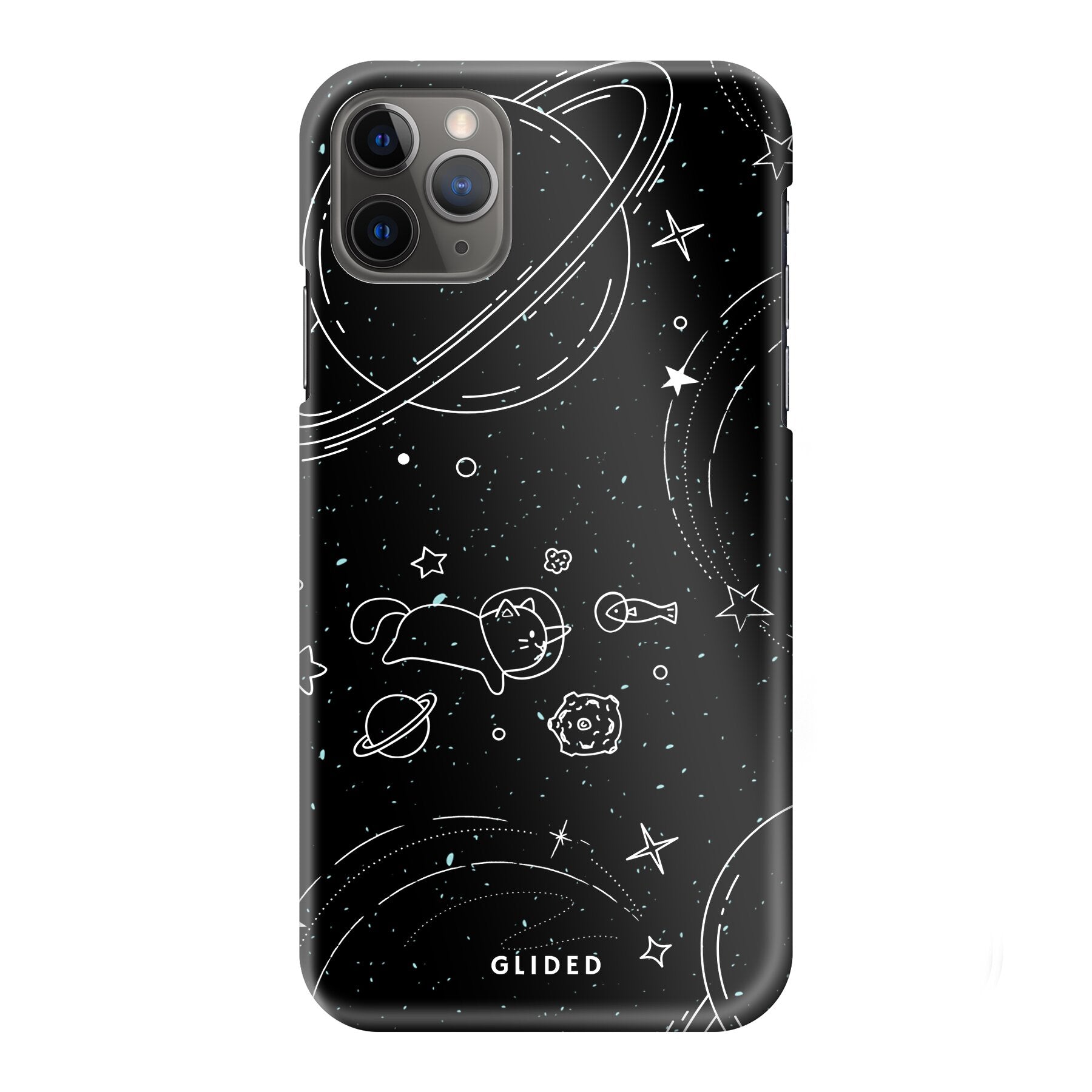 Cosmic Cat iPhone 11 Pro Max Hülle mit funkelnden Sternen und majestätischer Katze auf dunklem Hintergrund.