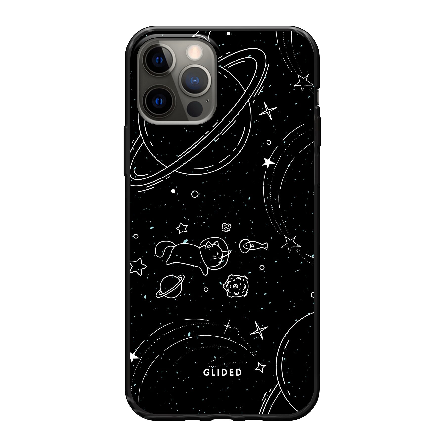 Cosmic Cat iPhone 12 Pro Hülle mit funkelnden Sternen und majestätischer Katze auf dunklem Hintergrund.