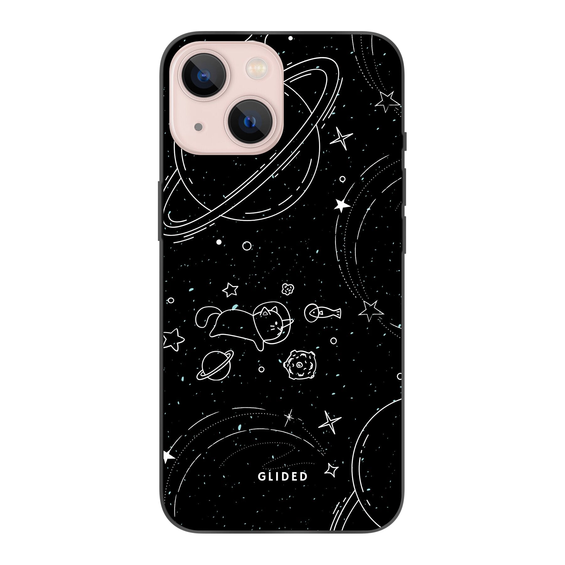 Cosmic Cat iPhone 13 Hülle mit funkelnden Sternen und majestätischer Katze auf dunklem Hintergrund.