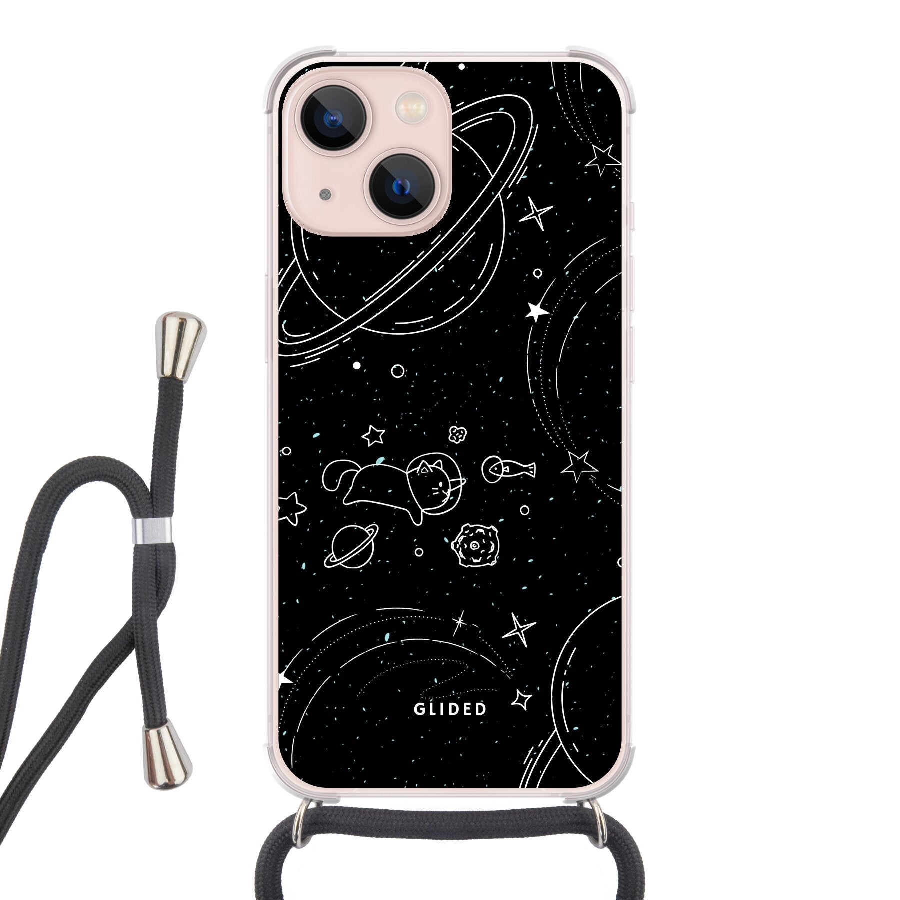 Cosmic Cat iPhone 13 Hülle mit funkelnden Sternen und majestätischer Katze auf dunklem Hintergrund.