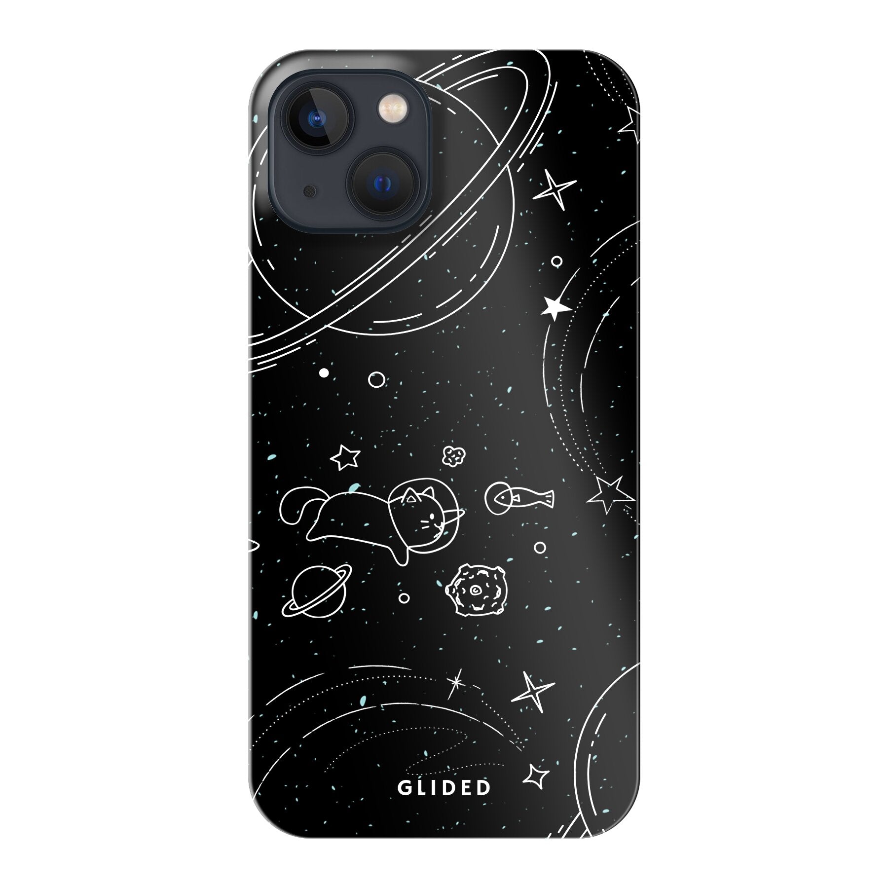 Cosmic Cat iPhone 13 Hülle mit funkelnden Sternen und majestätischer Katze auf dunklem Hintergrund.