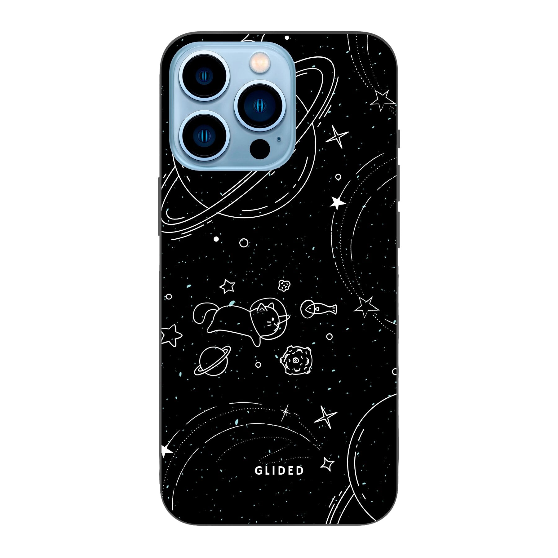 Cosmic Cat iPhone 13 Pro Hülle mit funkelnden Sternen und majestätischer Katze auf dunklem Hintergrund.