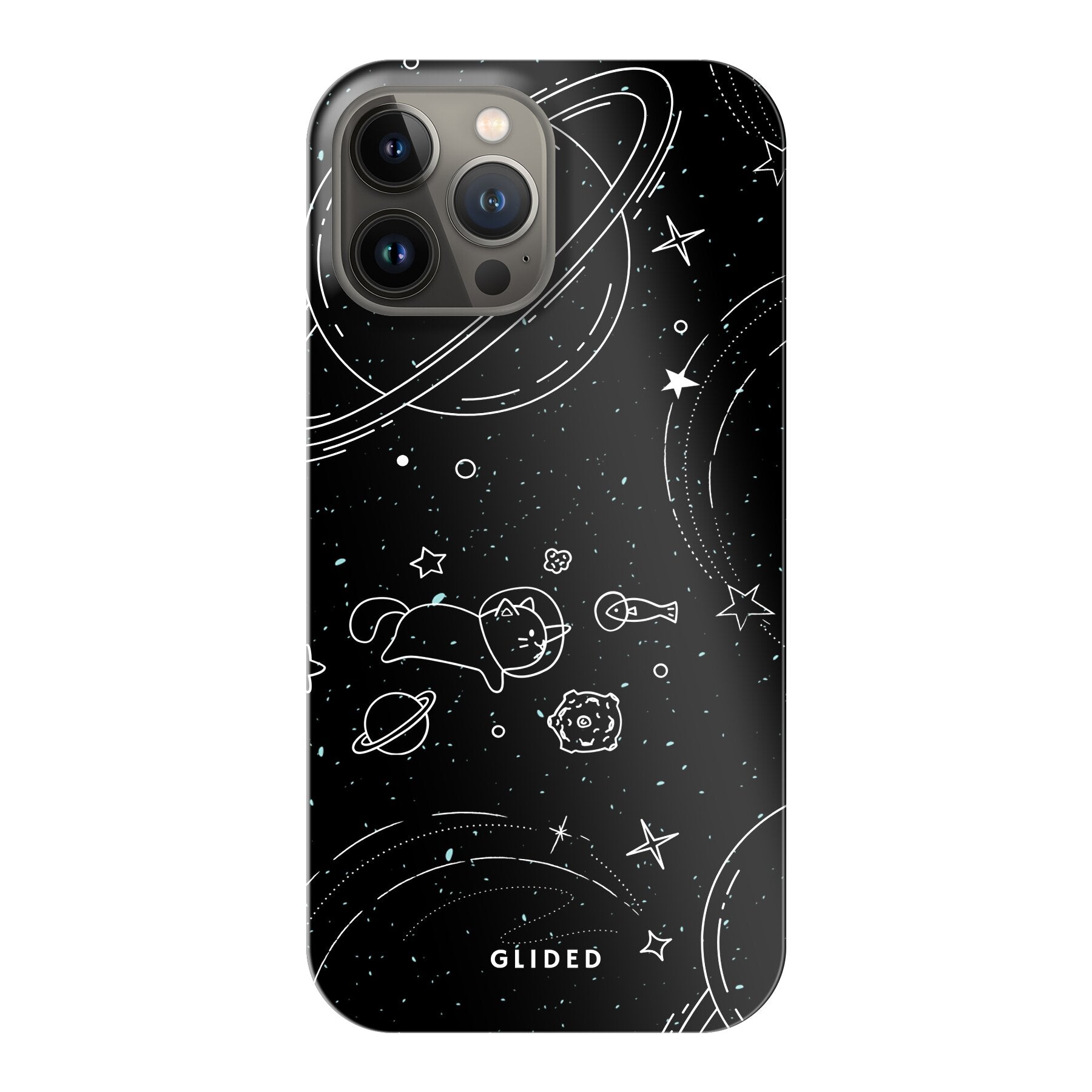 Cosmic Cat iPhone 13 Pro Max Hülle mit funkelnden Sternen und majestätischer Katze auf dunklem Hintergrund.