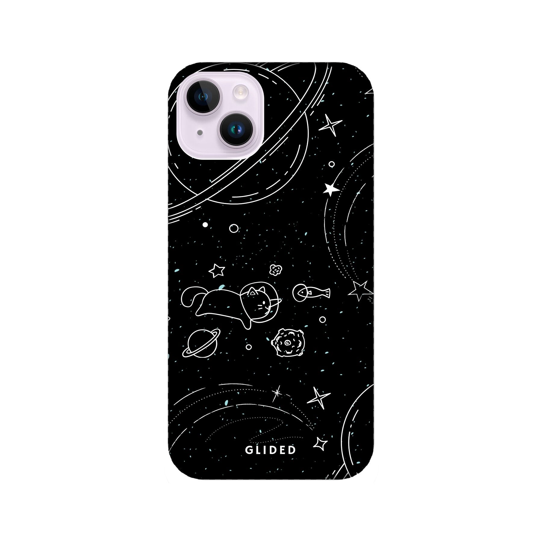 Cosmic Cat iPhone 14 Plus Hülle mit funkelnden Sternen und majestätischer Katze auf dunklem Hintergrund.