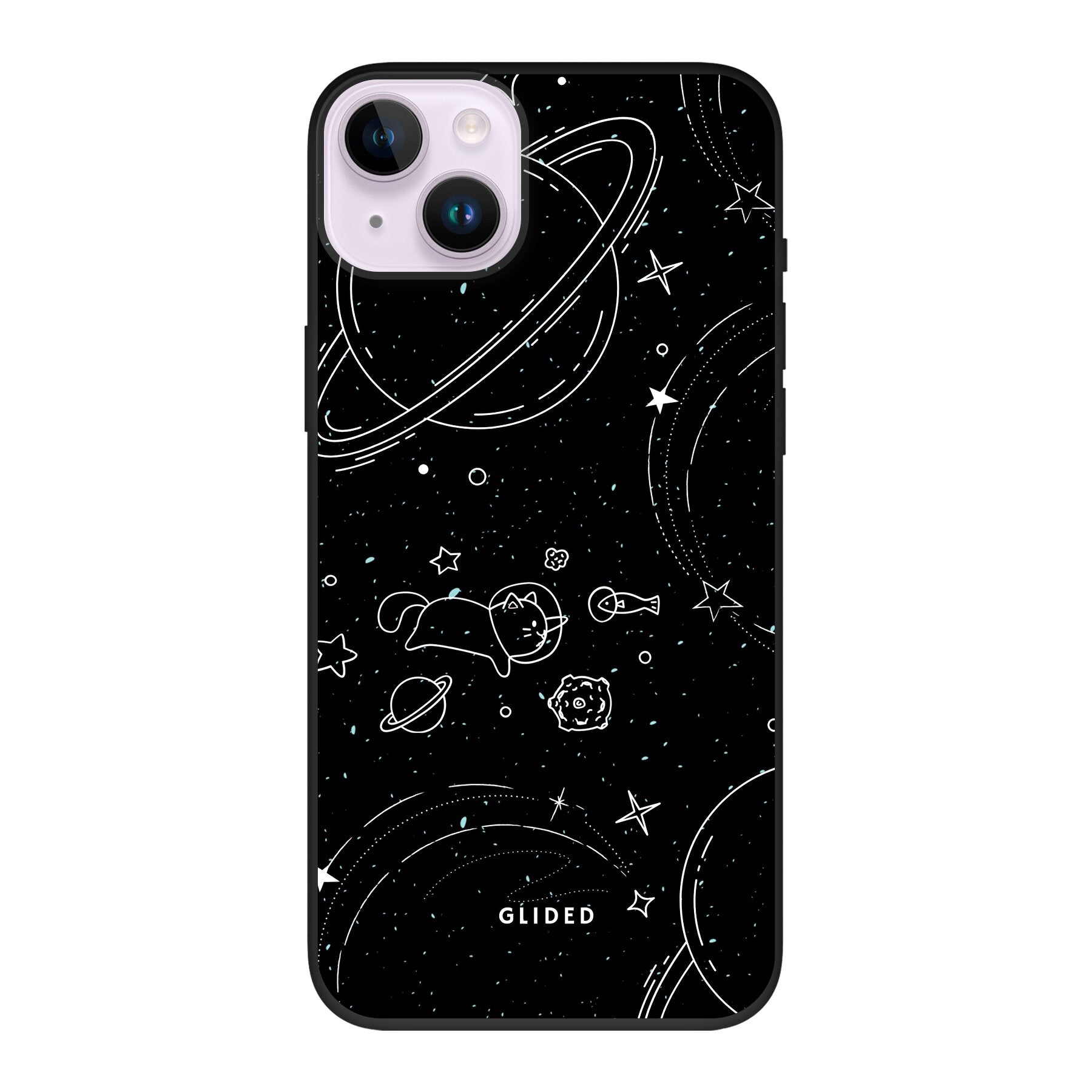 Cosmic Cat iPhone 14 Plus Hülle mit funkelnden Sternen und majestätischer Katze auf dunklem Hintergrund.