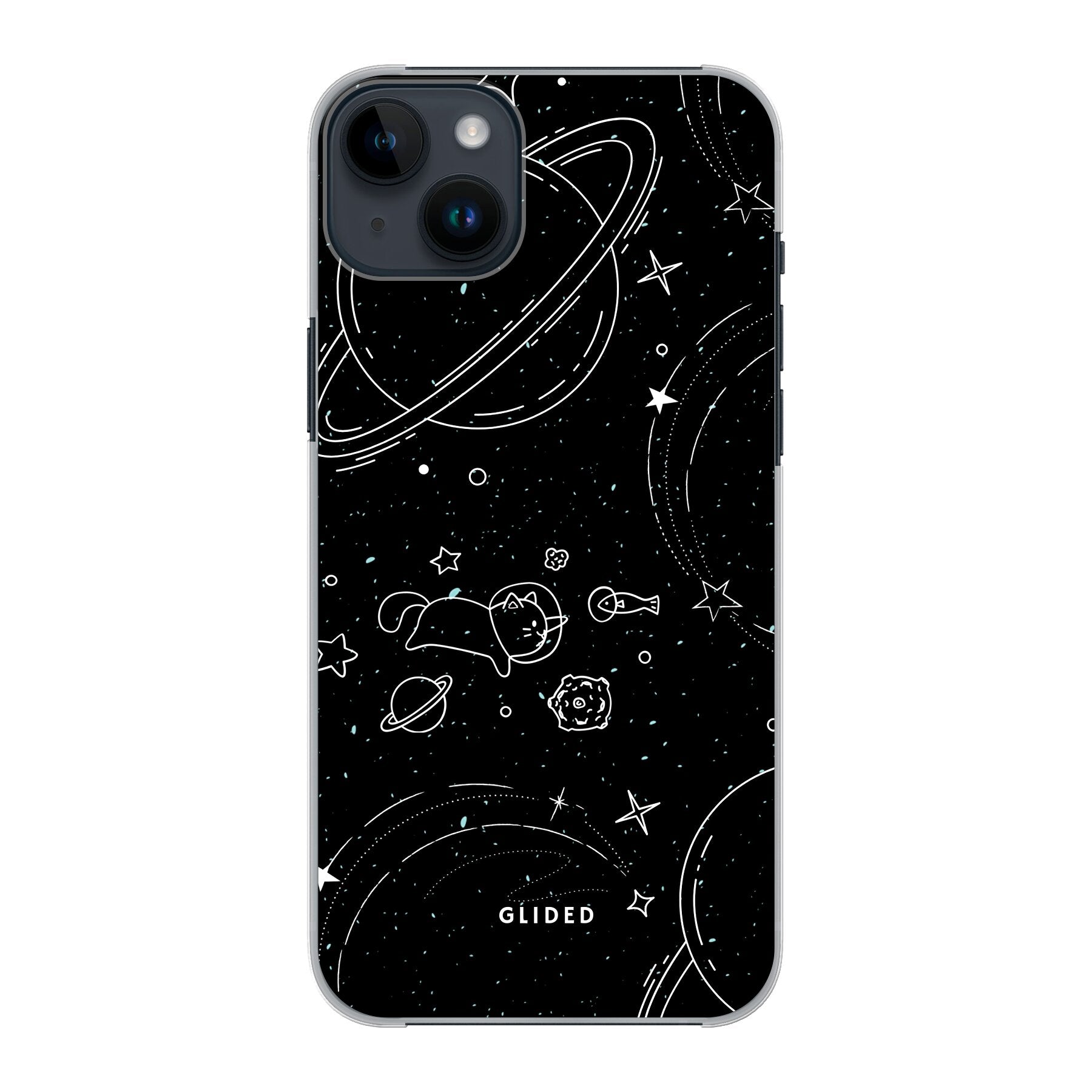 Cosmic Cat iPhone 14 Plus Hülle mit funkelnden Sternen und majestätischer Katze auf dunklem Hintergrund.