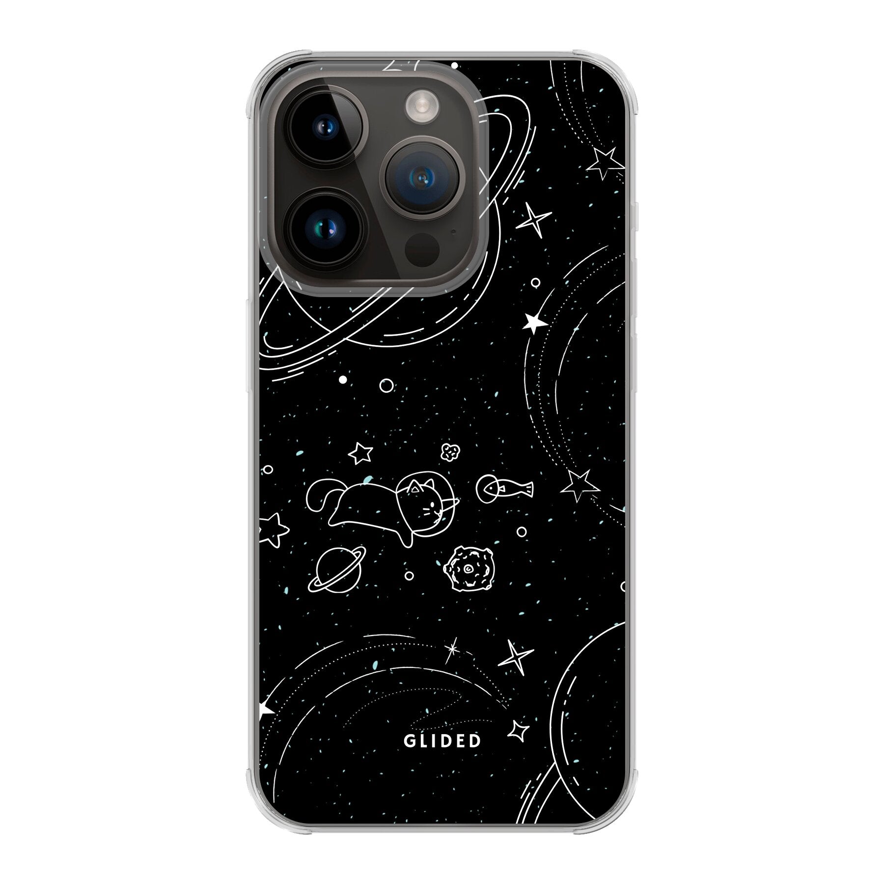 Cosmic Cat iPhone 14 Pro Hülle mit funkelnden Sternen und majestätischer Katze auf dunklem Hintergrund, idealer Schutz und stilvolles Design.