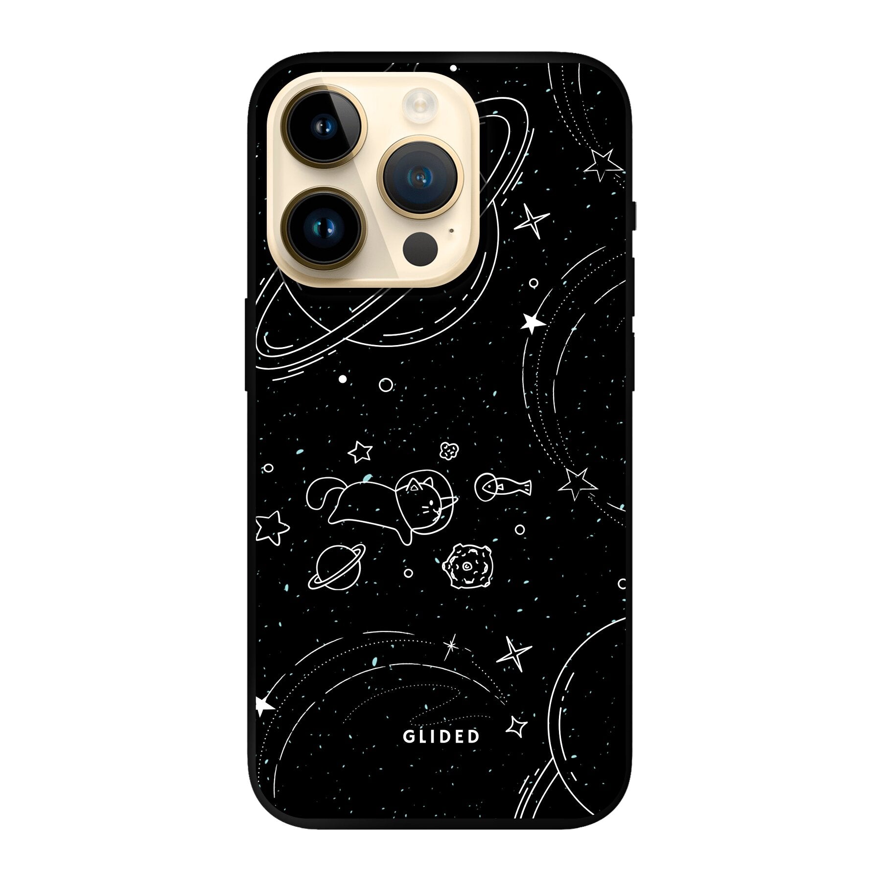 Cosmic Cat iPhone 14 Pro Hülle mit funkelnden Sternen und majestätischer Katze auf dunklem Hintergrund, idealer Schutz und stilvolles Design.