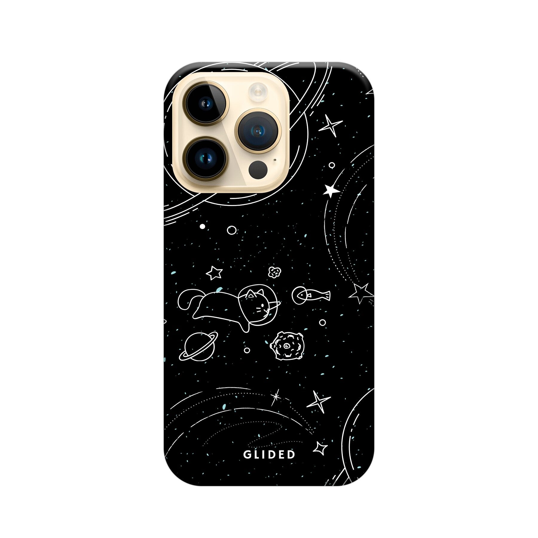 Cosmic Cat iPhone 14 Pro Hülle mit funkelnden Sternen und majestätischer Katze auf dunklem Hintergrund, idealer Schutz und stilvolles Design.