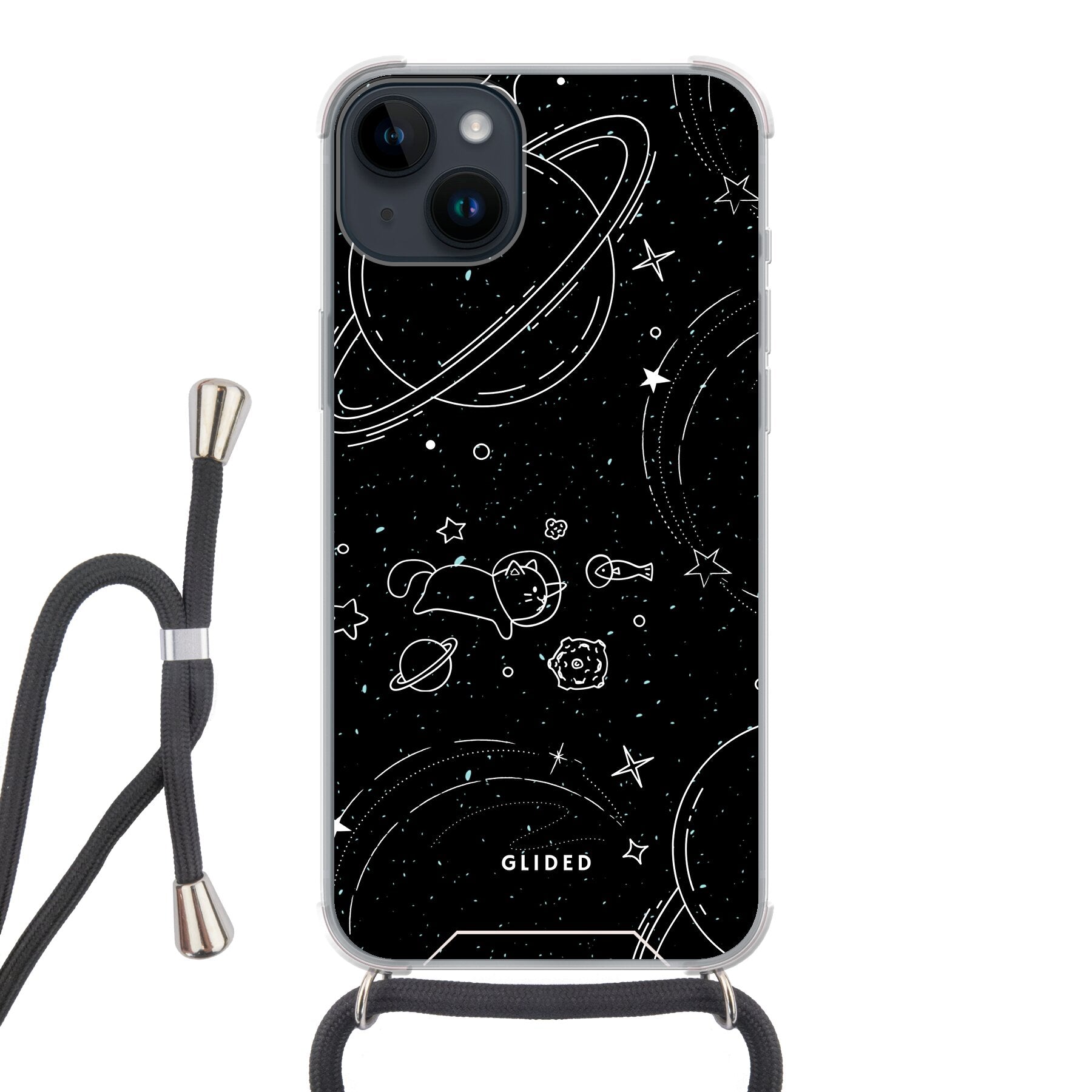 Cosmic Cat iPhone 14 Pro Hülle mit funkelnden Sternen und majestätischer Katze auf dunklem Hintergrund, idealer Schutz und stilvolles Design.