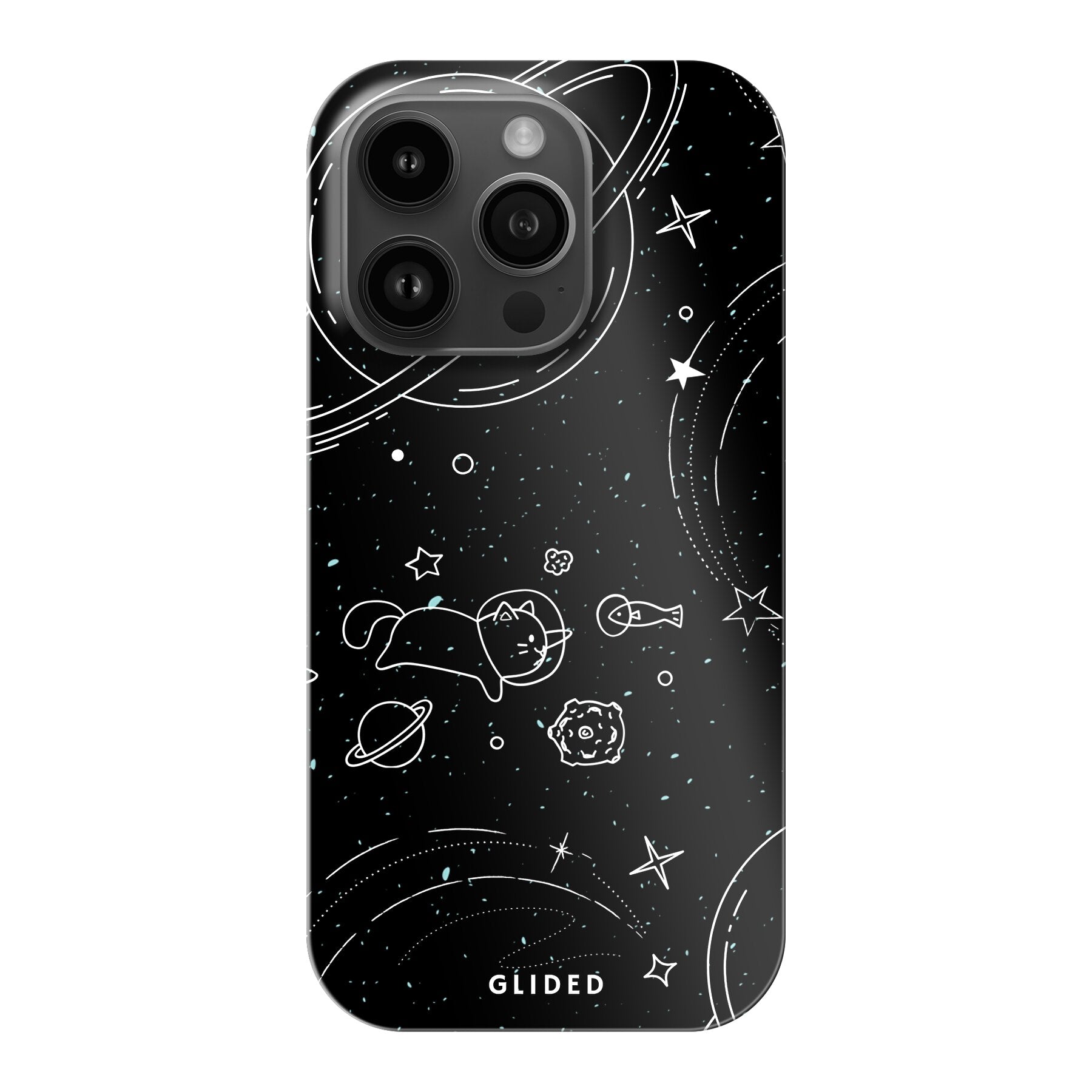 Cosmic Cat iPhone 14 Pro Hülle mit funkelnden Sternen und majestätischer Katze auf dunklem Hintergrund, idealer Schutz und stilvolles Design.