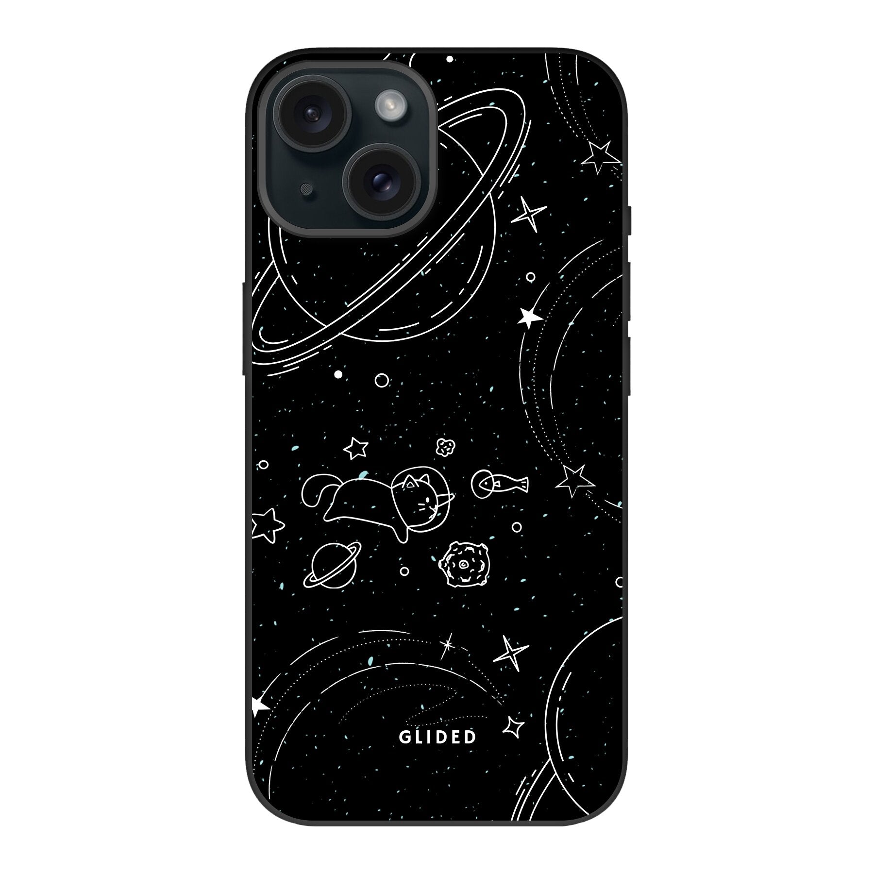 Cosmic Cat iPhone 15 Hülle mit funkelnden Sternen und majestätischer Katze auf dunklem Hintergrund.