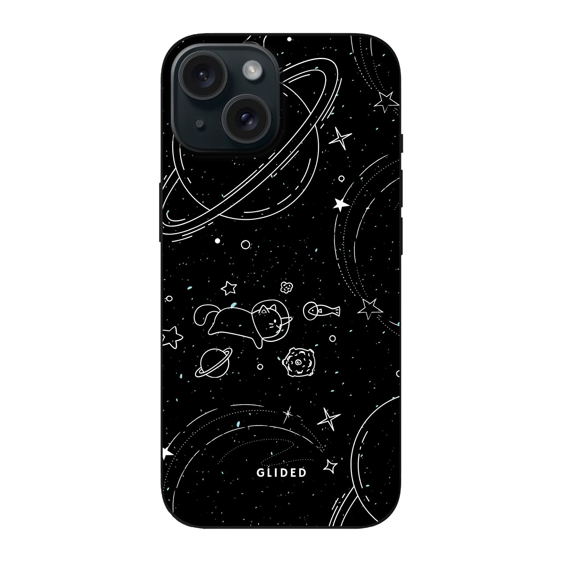 Cosmic Cat iPhone 15 Hülle mit funkelnden Sternen und majestätischer Katze auf dunklem Hintergrund.