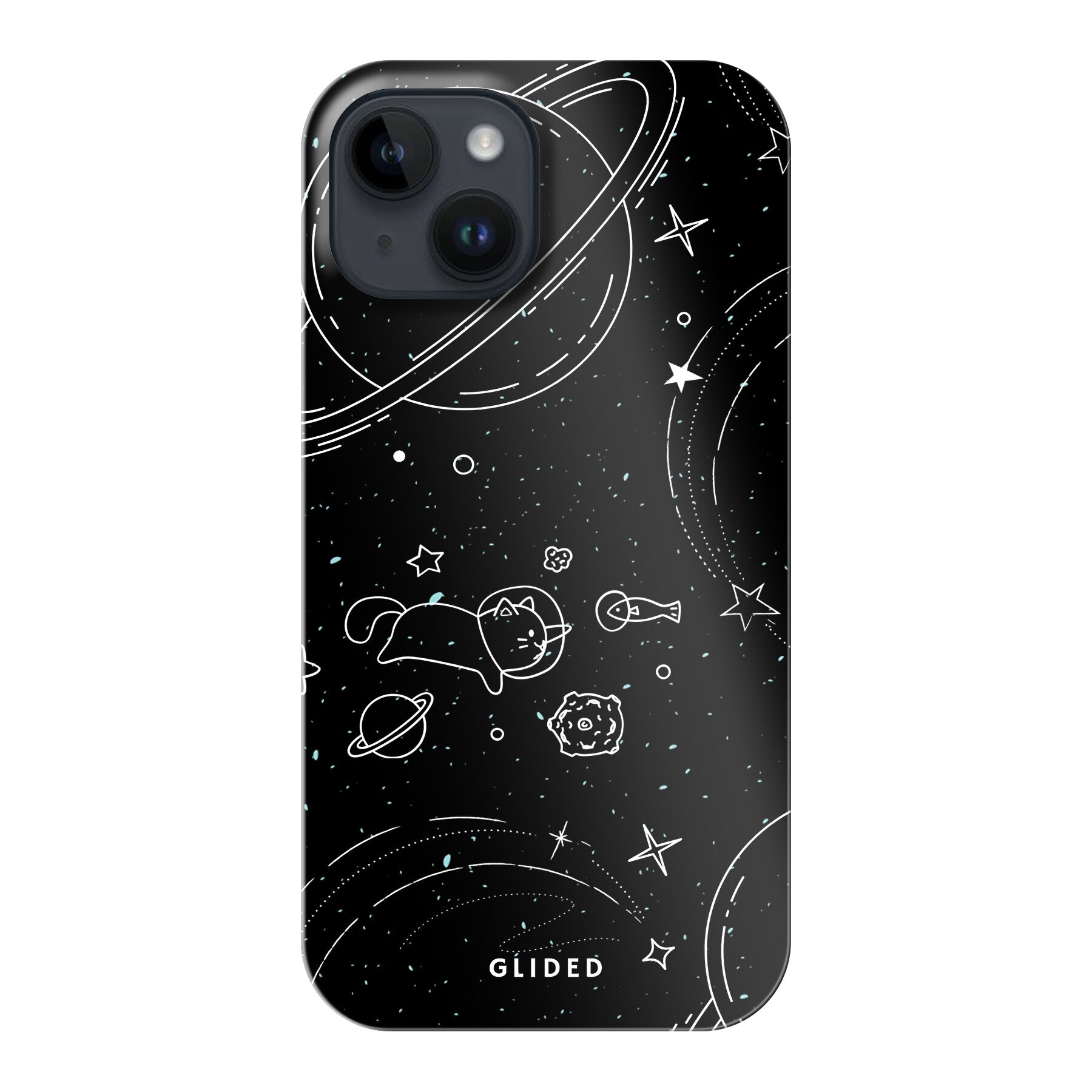 Cosmic Cat iPhone 15 Hülle mit funkelnden Sternen und majestätischer Katze auf dunklem Hintergrund.