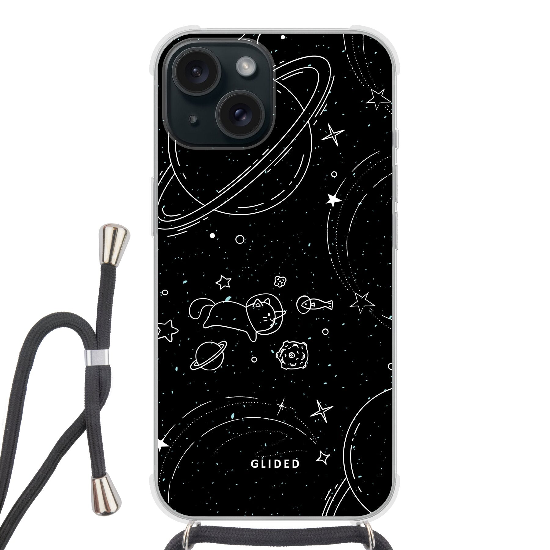 Cosmic Cat iPhone 15 Hülle mit funkelnden Sternen und majestätischer Katze auf dunklem Hintergrund.