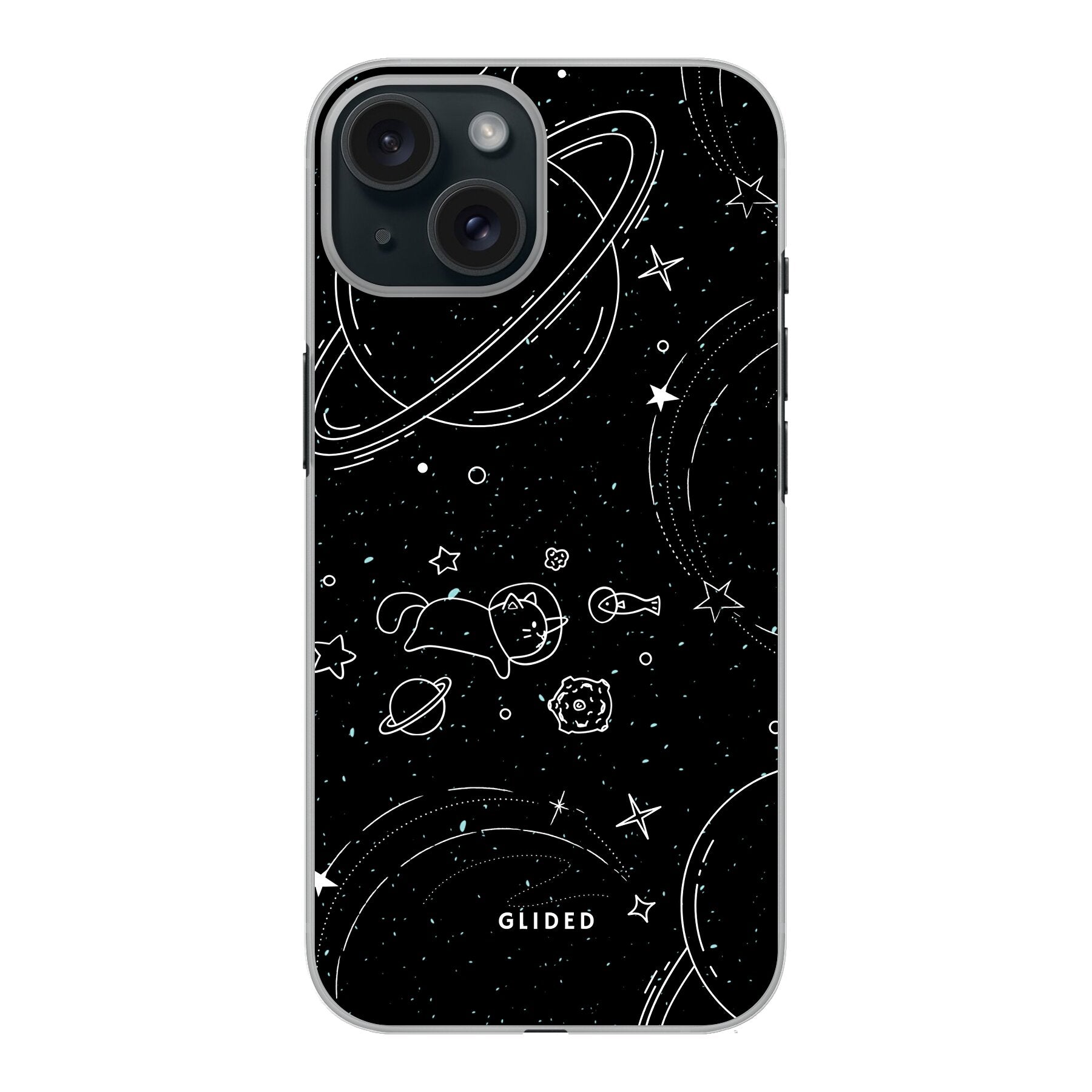 Cosmic Cat iPhone 15 Hülle mit funkelnden Sternen und majestätischer Katze auf dunklem Hintergrund.