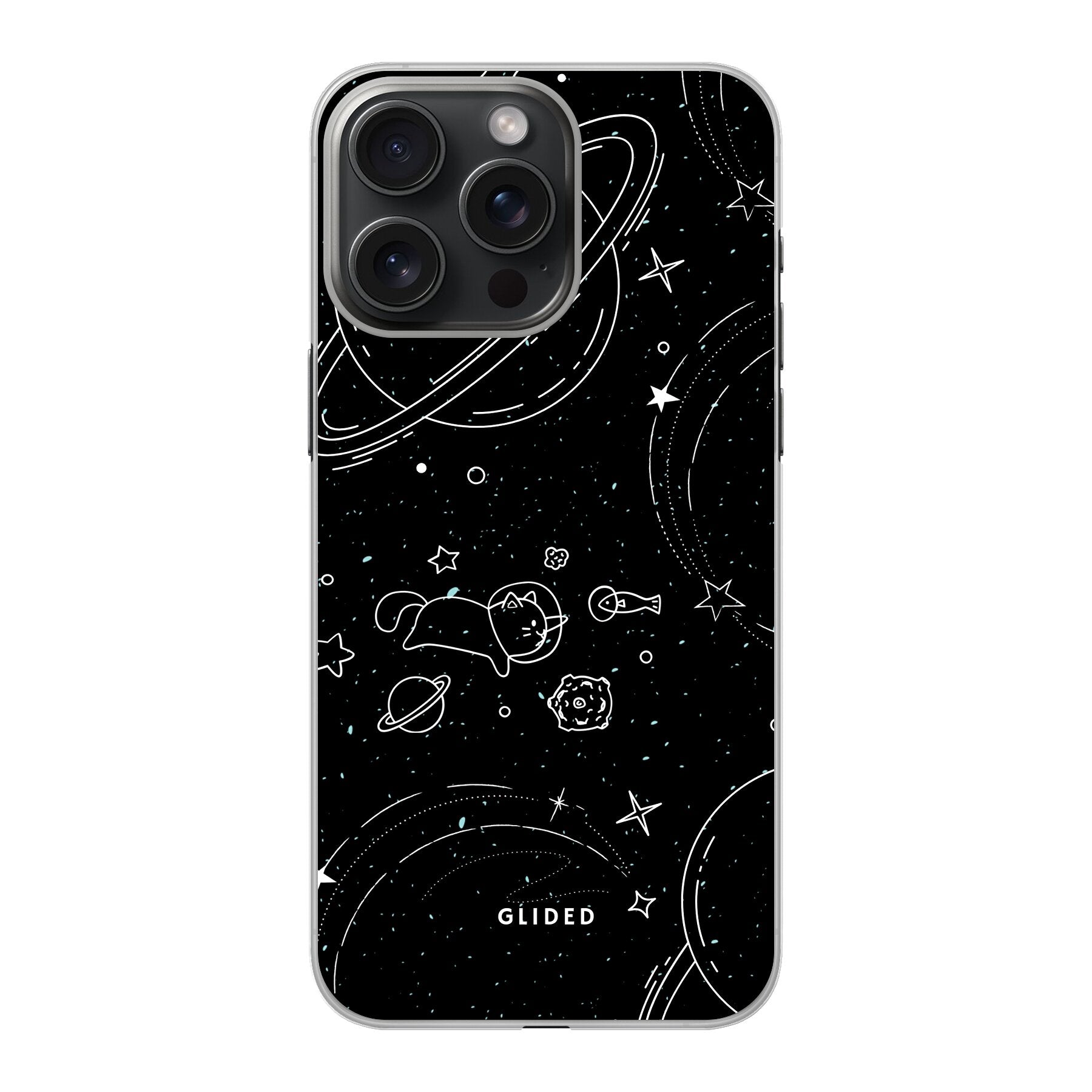 Cosmic Cat iPhone 15 Pro Hülle mit funkelnden Sternen und majestätischer Katze auf dunklem Hintergrund.