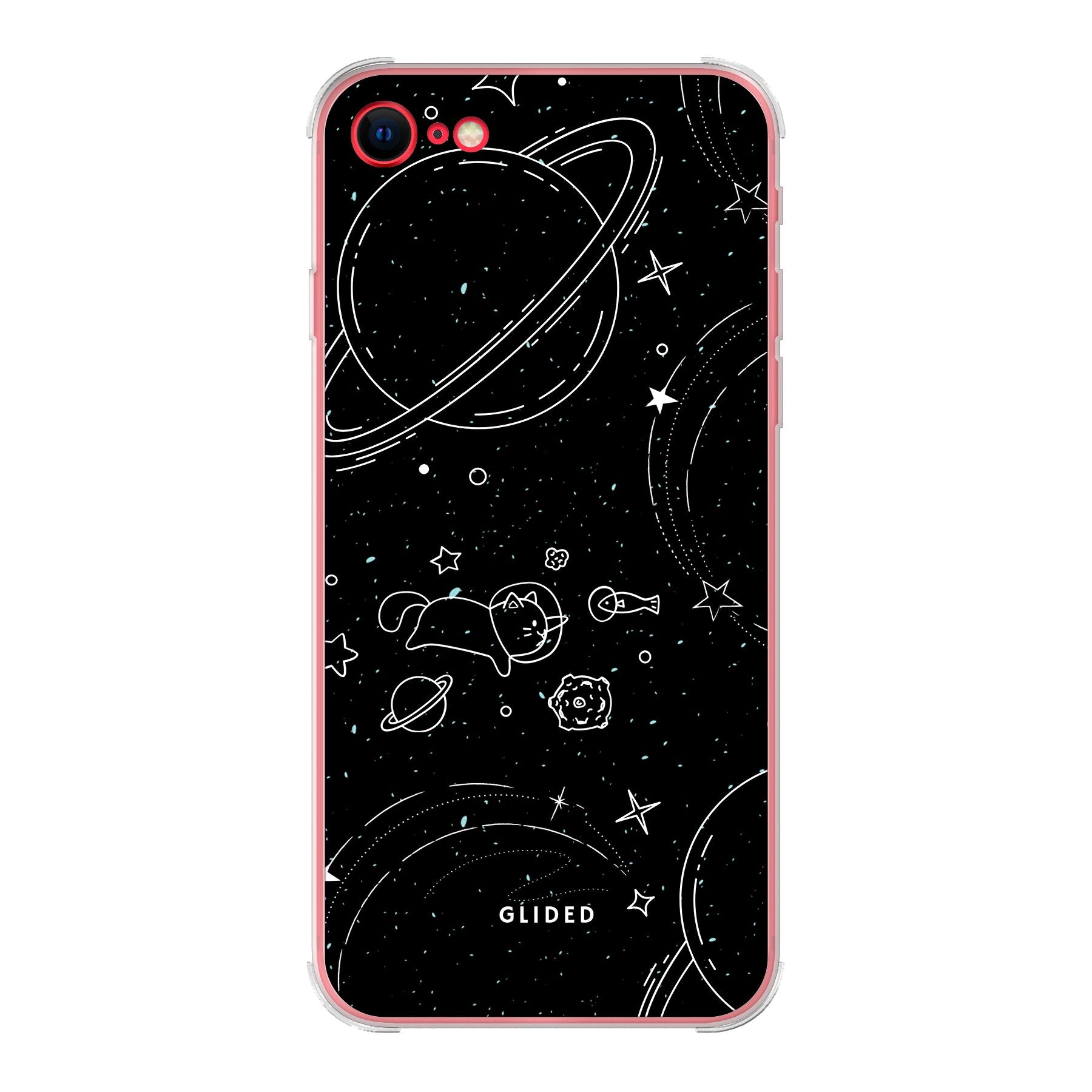 Cosmic Cat iPhone 8 Handyhülle mit funkelnden Sternen und majestätischer Katze auf dunklem Hintergrund.